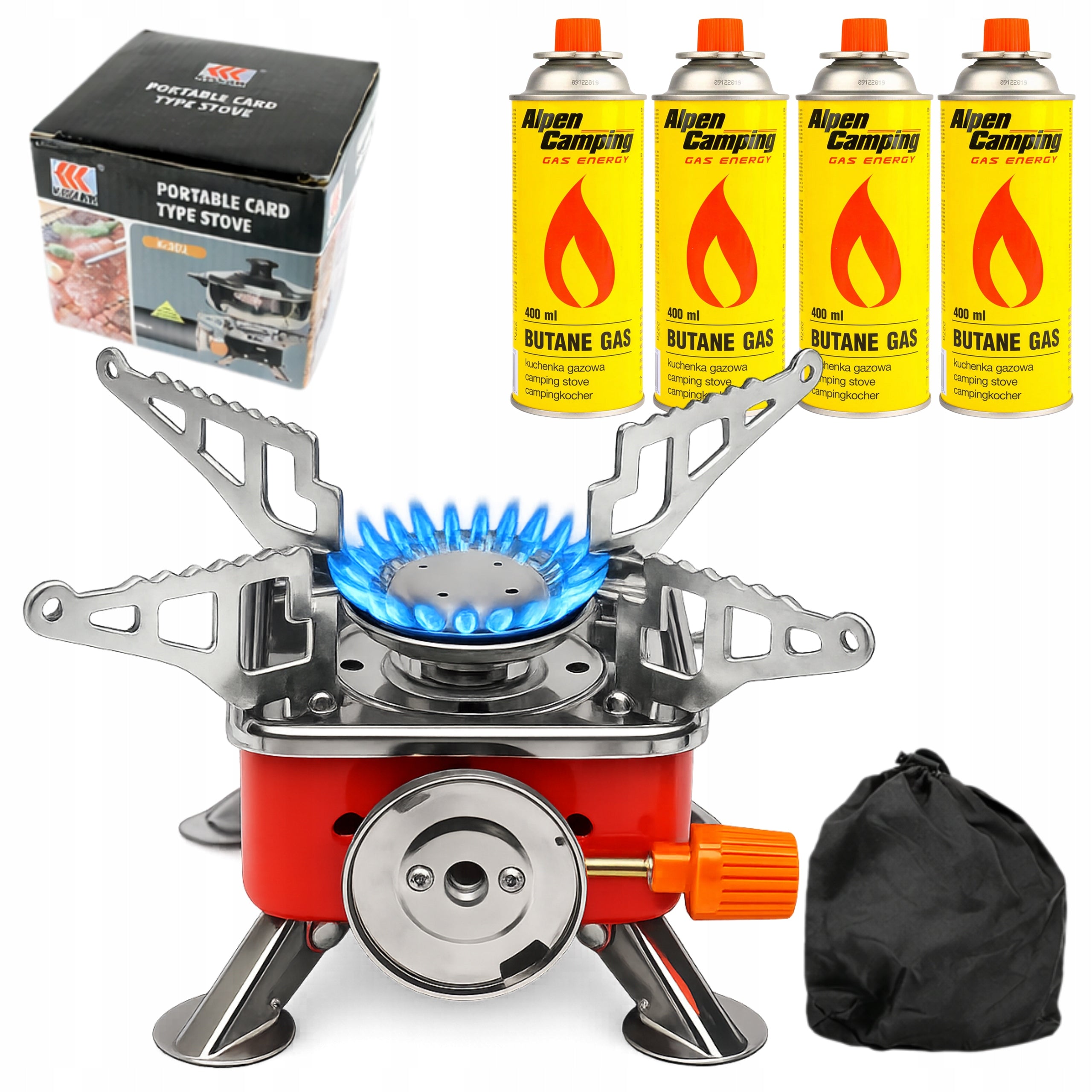 Tourist Gas Stove Folding + 4 Cartridges Gas Set Strong Camping