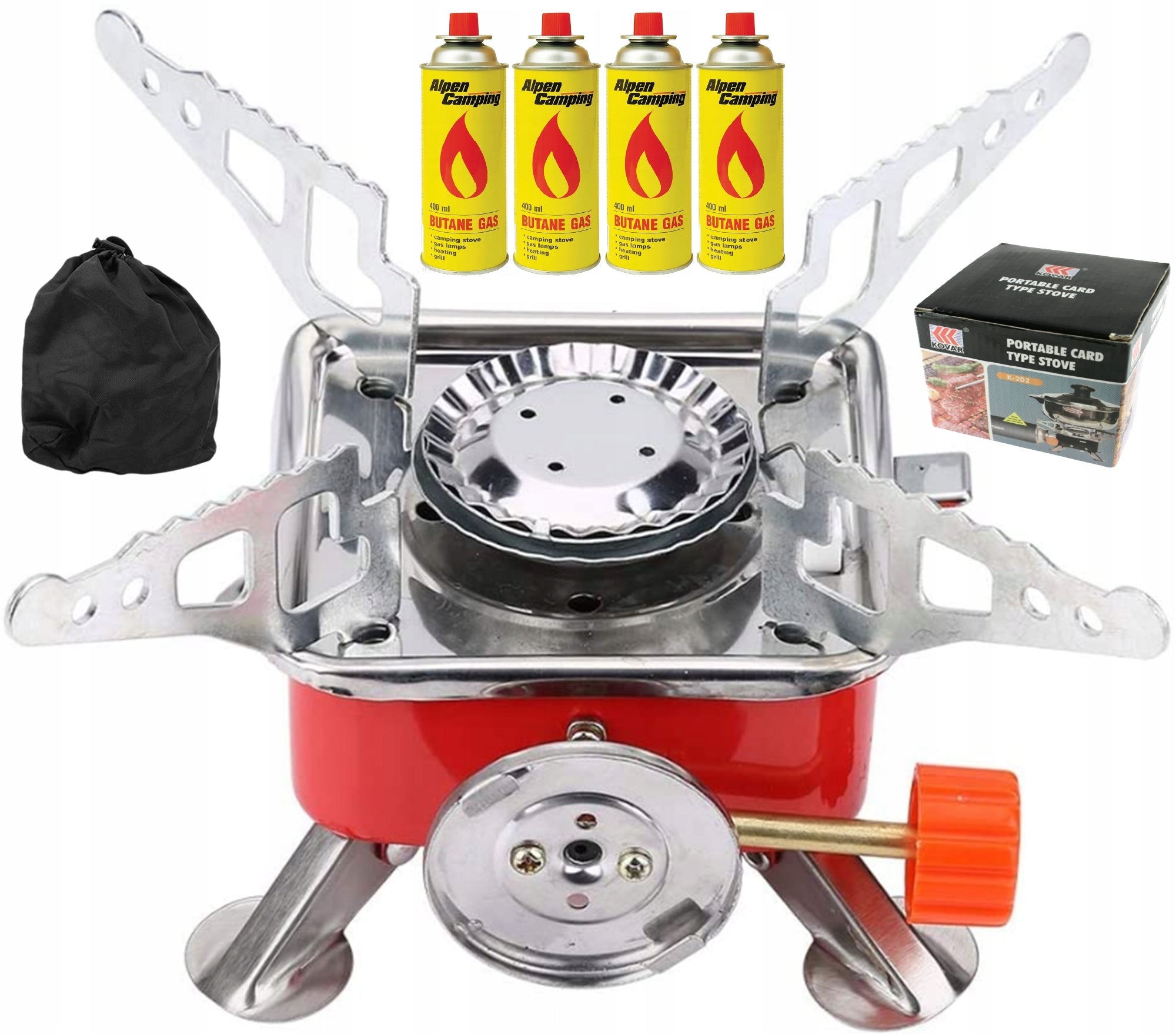 Tourist Gas Stove Folding + 4 Cartridges Gas Strong 2800W Camping Packaging status original