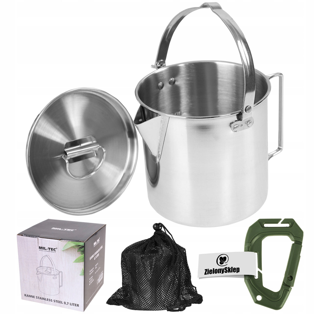 Tourist kettle 0,7L Boiler Over Fireplace Mil-Tec Jug steel +GR.