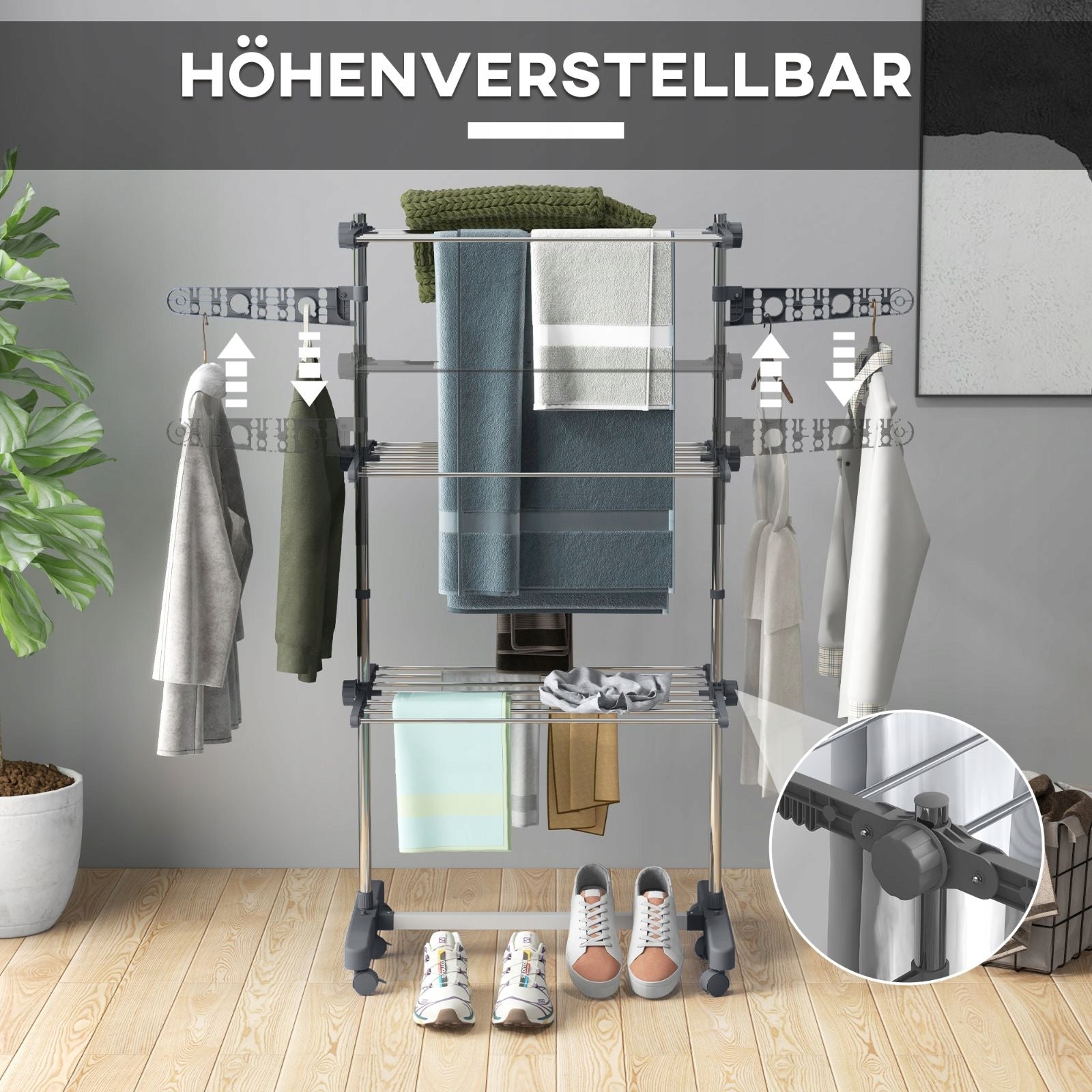 Tower Standing Laundry Dryer, 3-Level with Wheels, Grey Unfolded width 1 cm