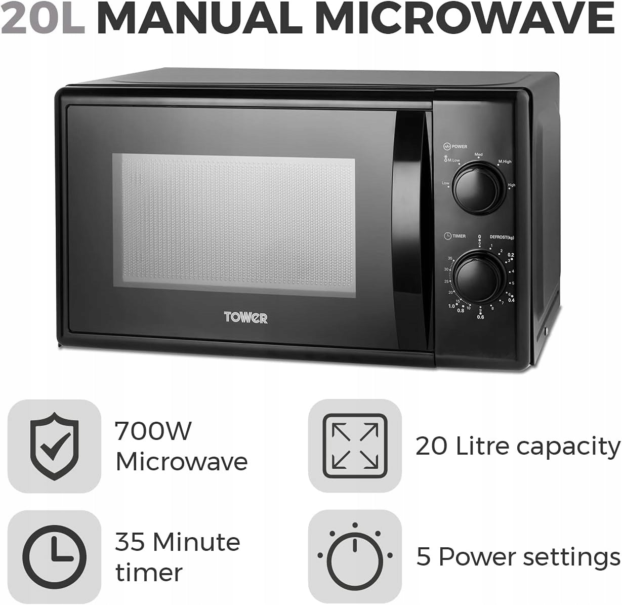 Tower T24034BLKVDE Microwave Oven 20L 700W black timer Model T24034BLK
