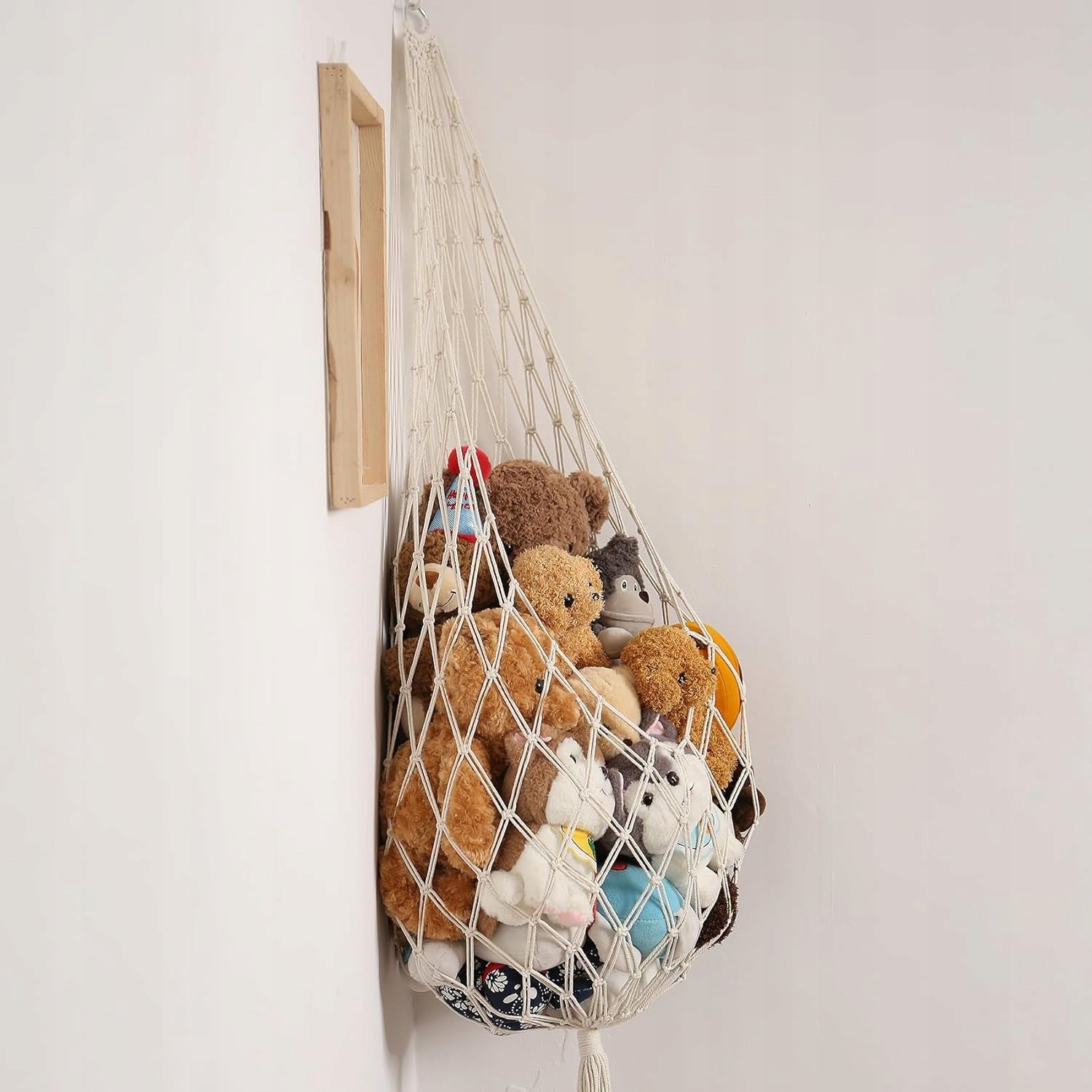 Toy Basket Organizer Hanging Bag Foldable Plush Net Hammock Container Beige