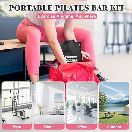 Training Bar + Resistance Rubbers 6pcs Pilates Yoga Exercise Set Color black