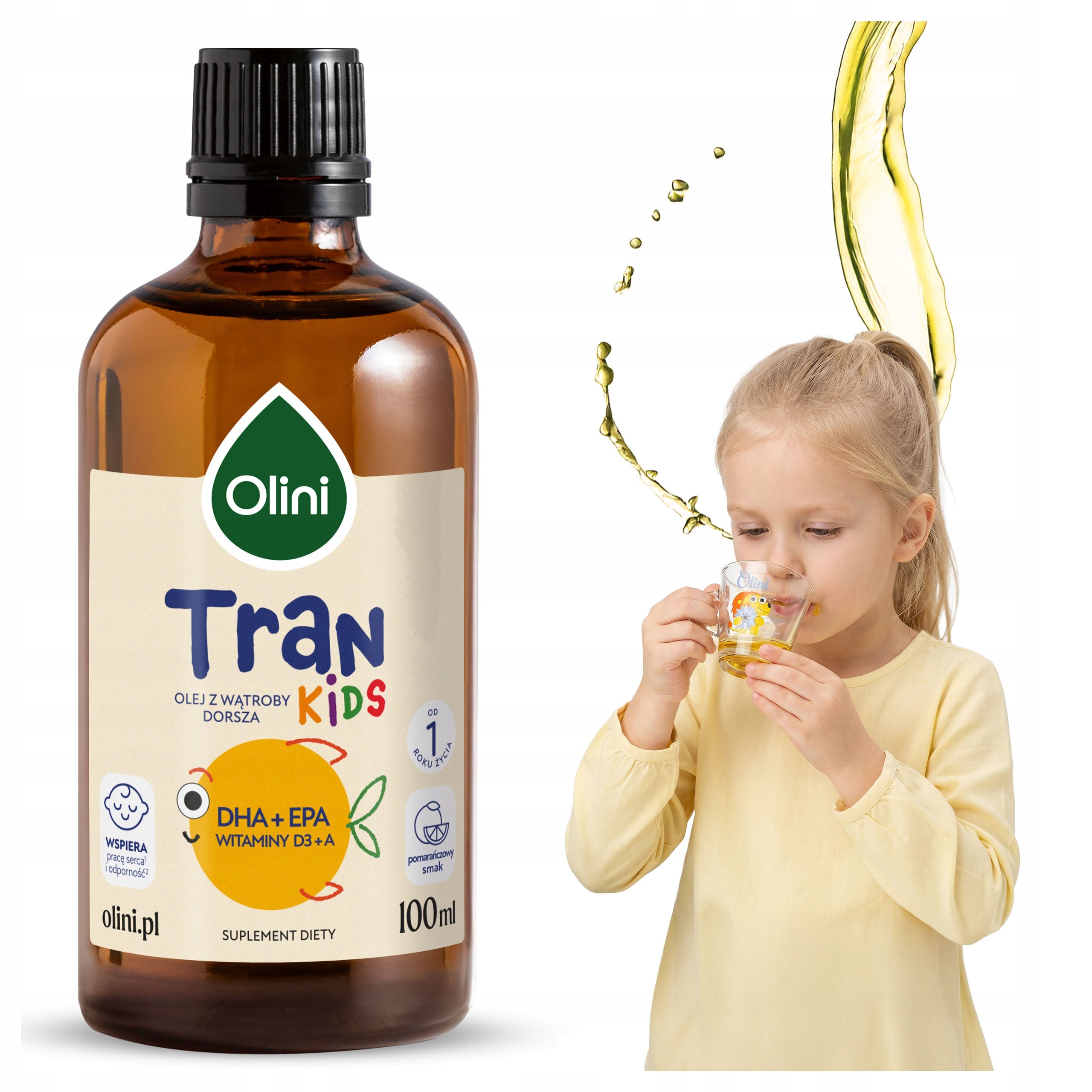 Tran for children Norwegian Omega 3 orange OLINI vitamin D and A 100ml