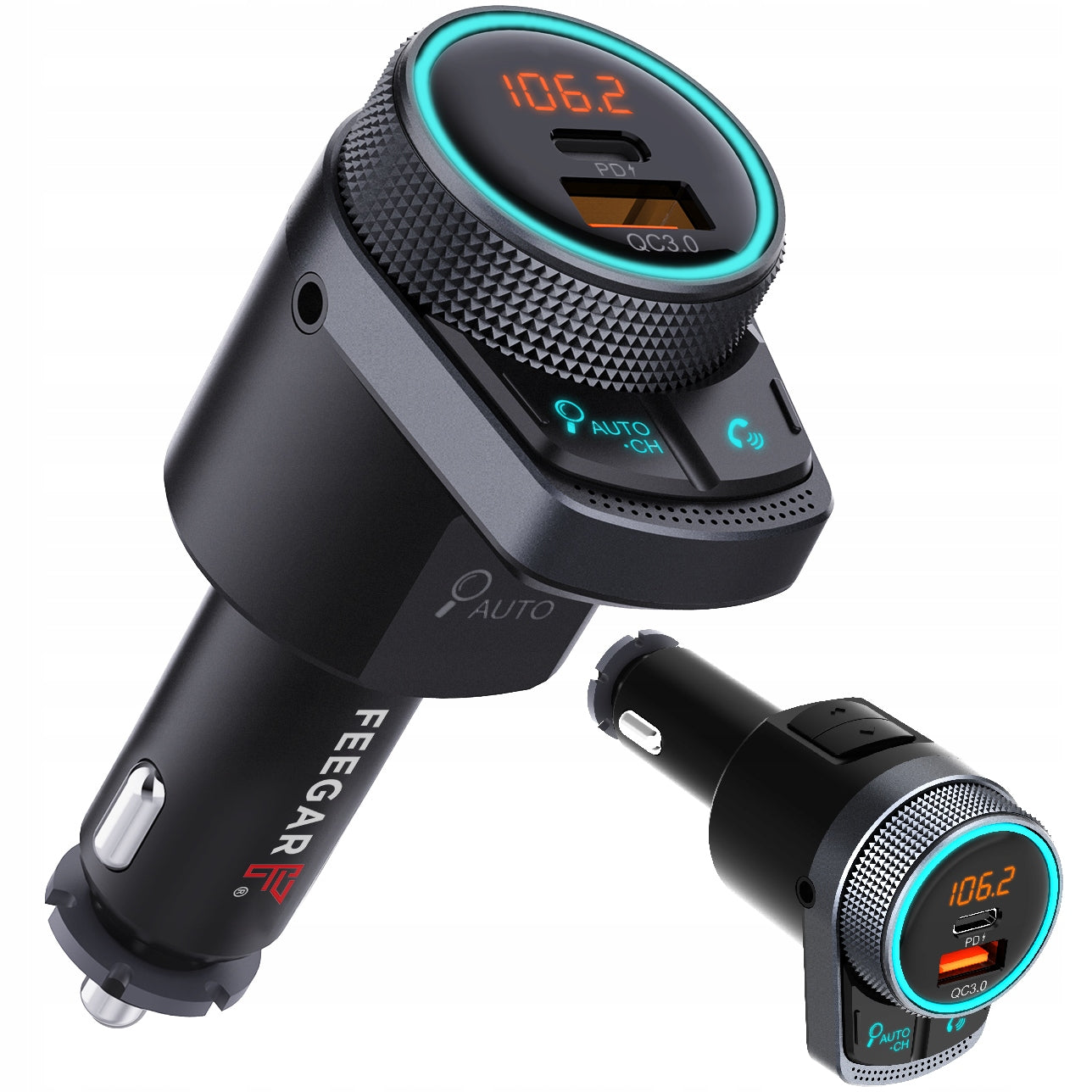 Feegar Q300 PRO FM Modulator Bluetooth Stereo AUX Auto-Search Sender BT 5.1 QC 3.0 PD microSD MP3 USB-C 12-24V Ladegerät 38W HD Mikrofon 