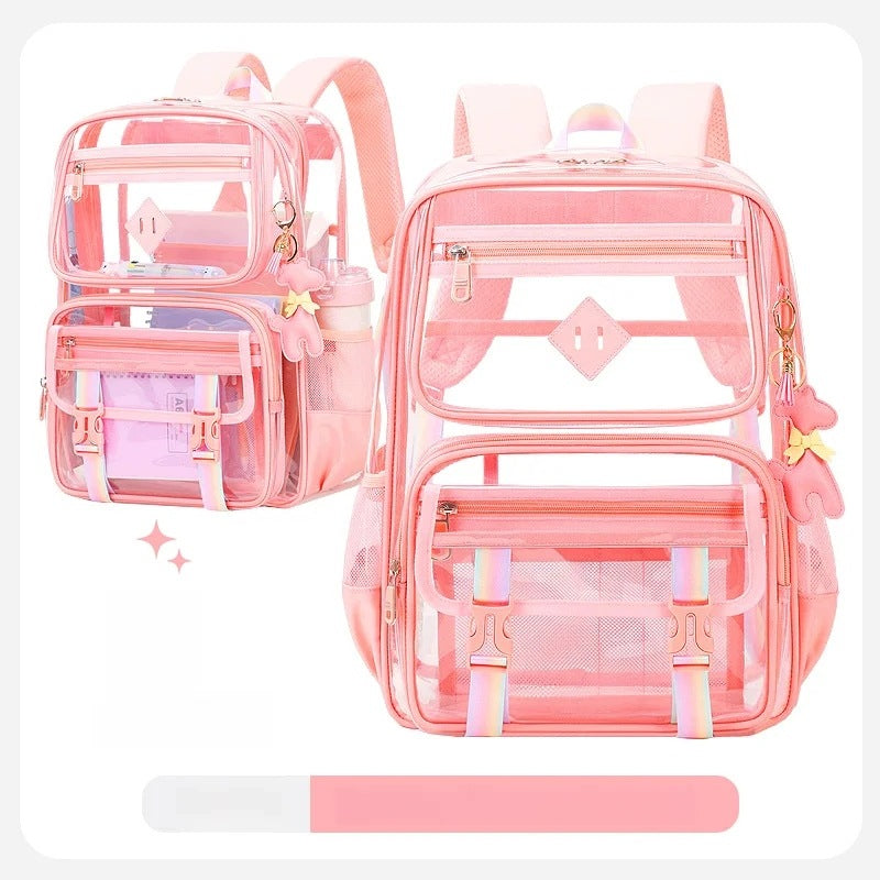 Transparent School Backpack for Girls in Floral Pink