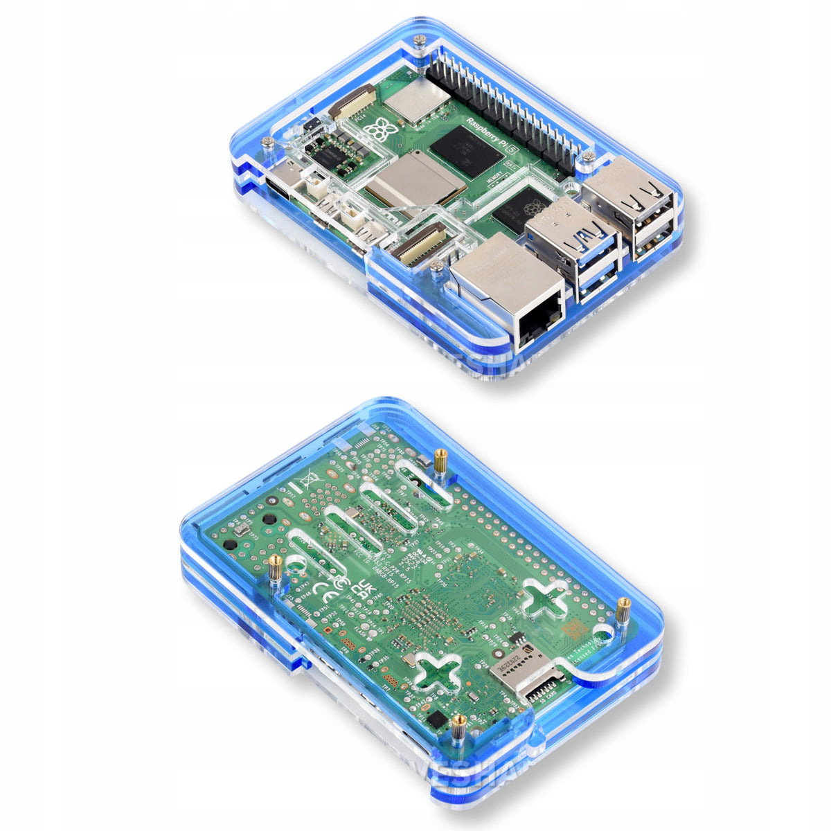 Transparent blue acrylic case for Raspberry Pi 5 from Waveshare Manufacturer WaveShare