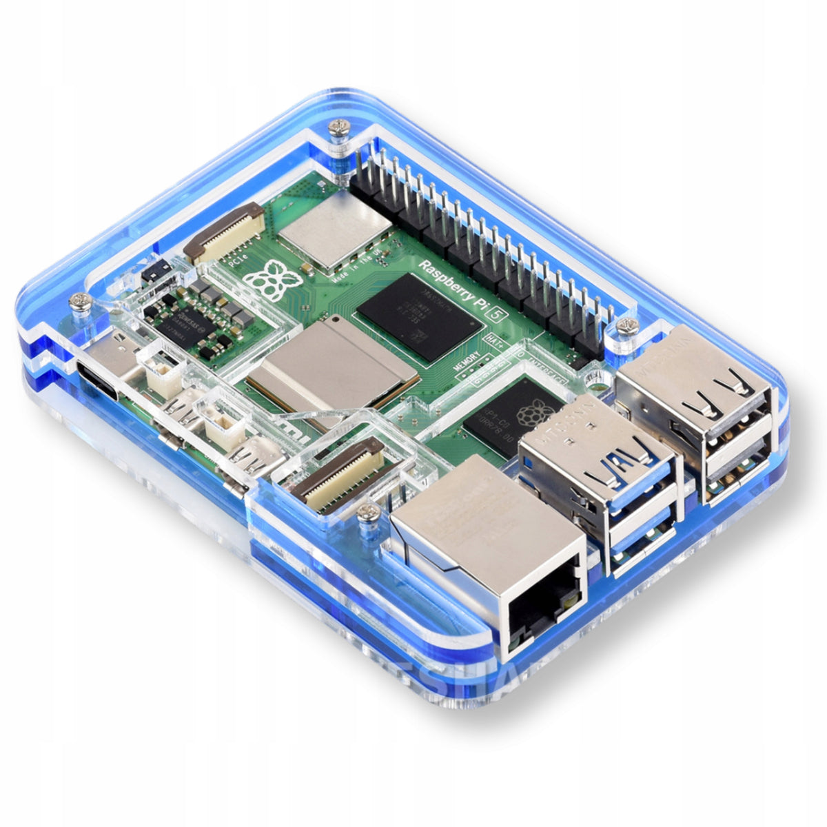 Transparent blue acrylic case for Raspberry Pi 5 from Waveshare