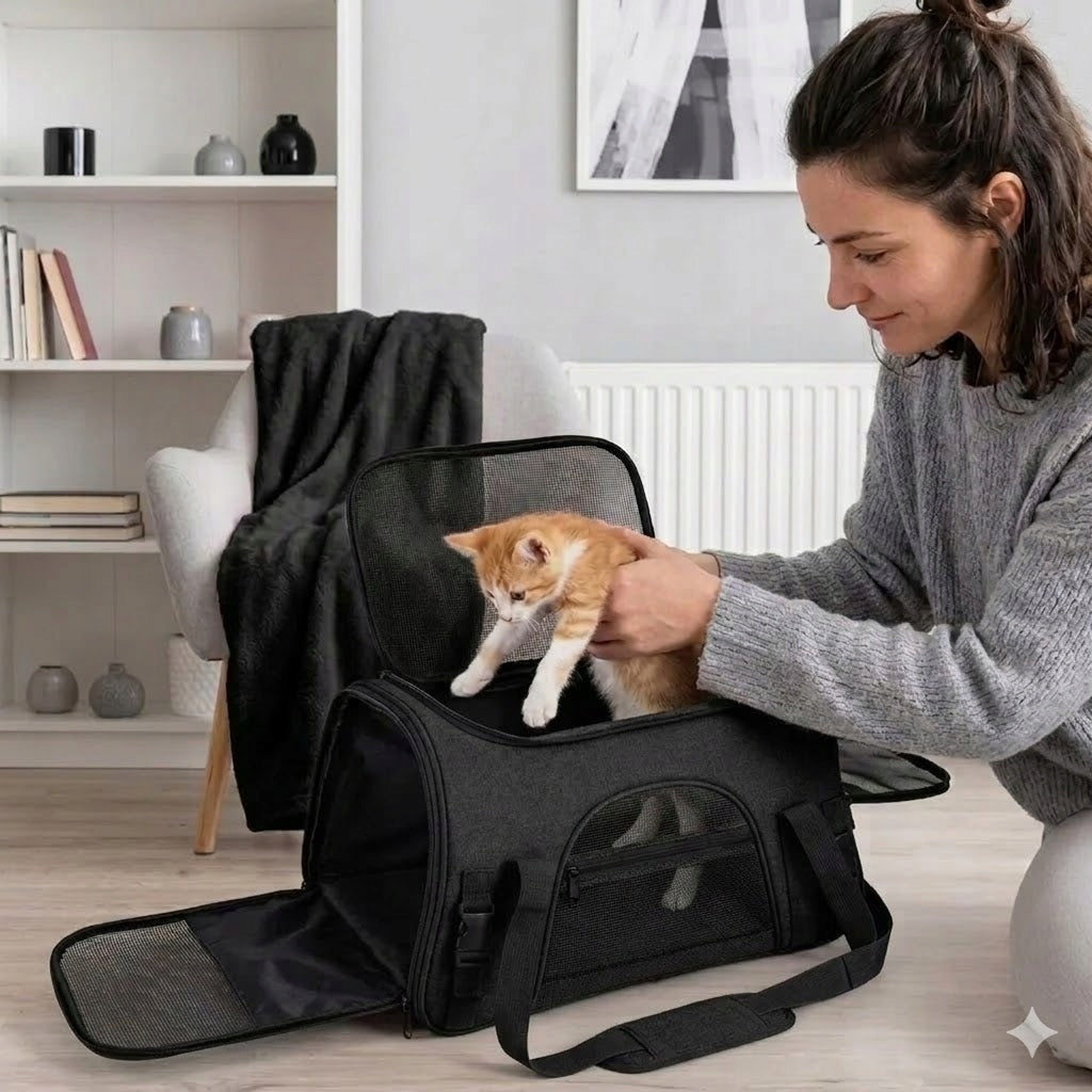 Transporter for Dog Cat Animal Black Large Bag Belt Lanyard Reflectors Product width 44 cm