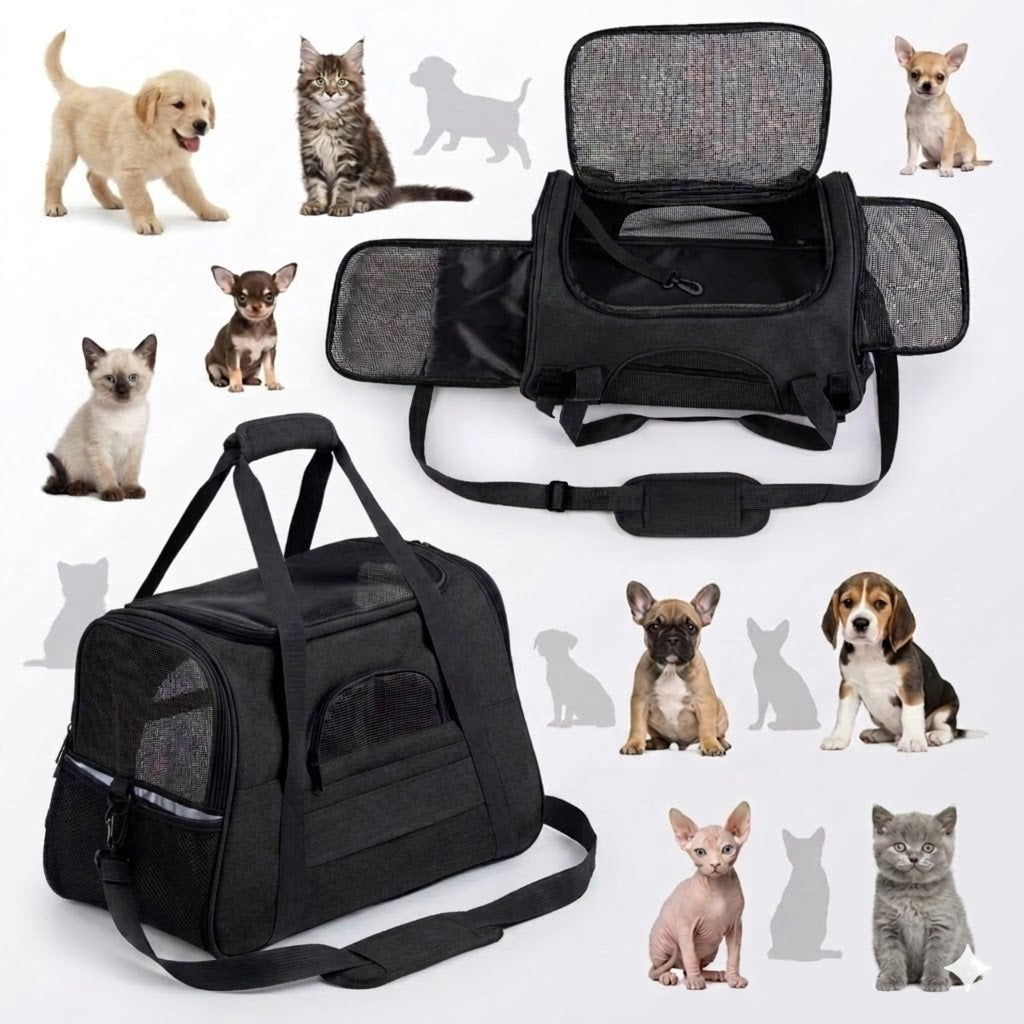 Transporter for Dog Cat Animal Black Large Bag Belt Lanyard Reflectors Trade name Transporter dla Zwierząt Duże Otwory Wentylacyjne Odblaski Pas Regulowany Pas na Bagaż