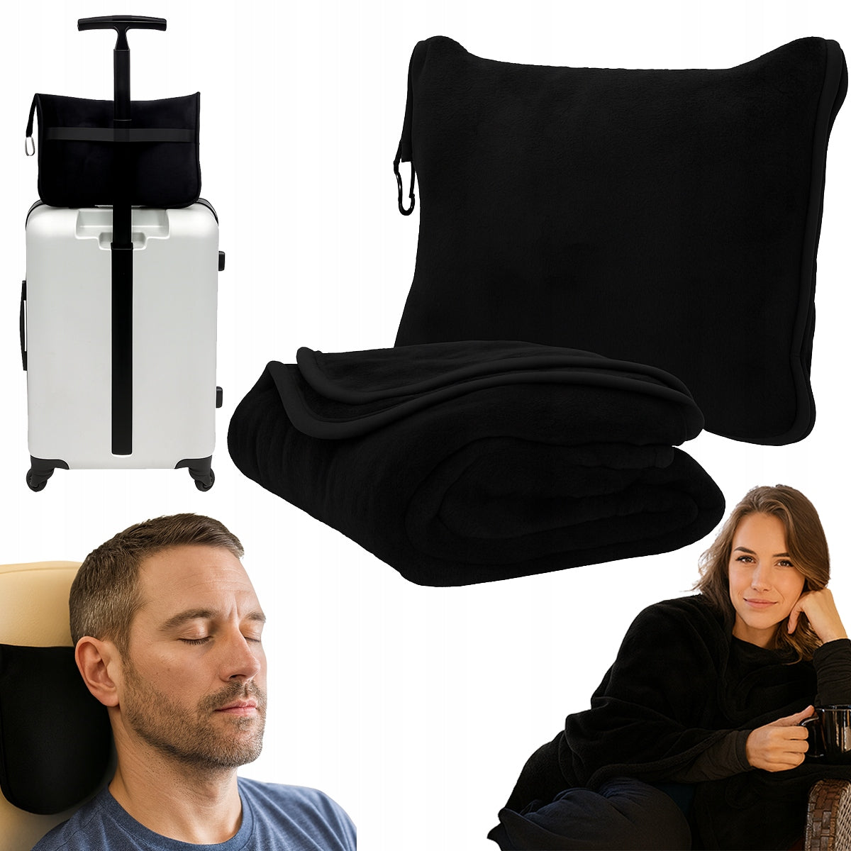 Travel BLANKET PILLOW for airplane HIKING folded 2in1 BLACK 170x100 c