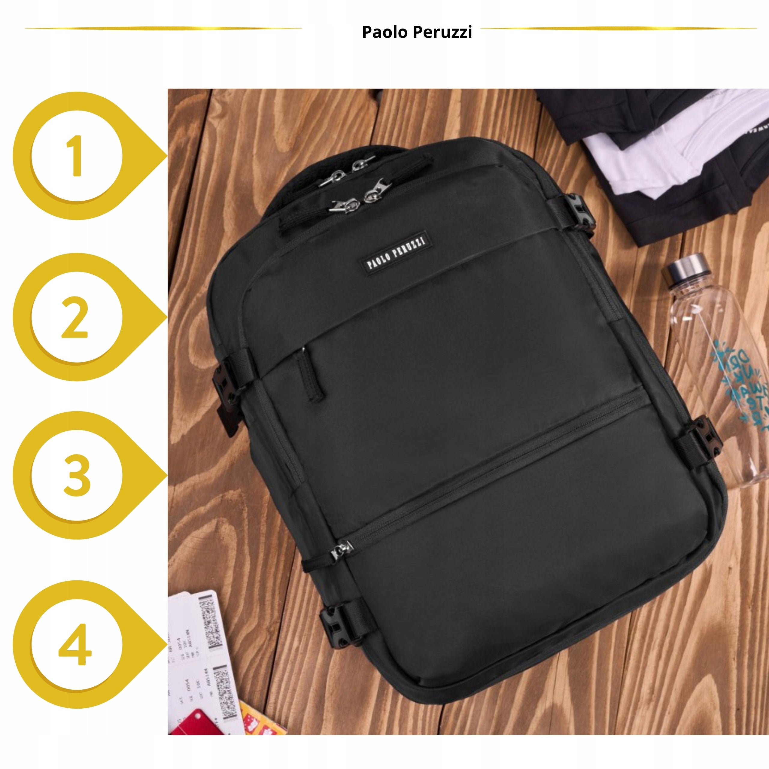 Travel Backpack for Airplane Multifunctional Spacious Paolo Peruzzi Black Packaging status original