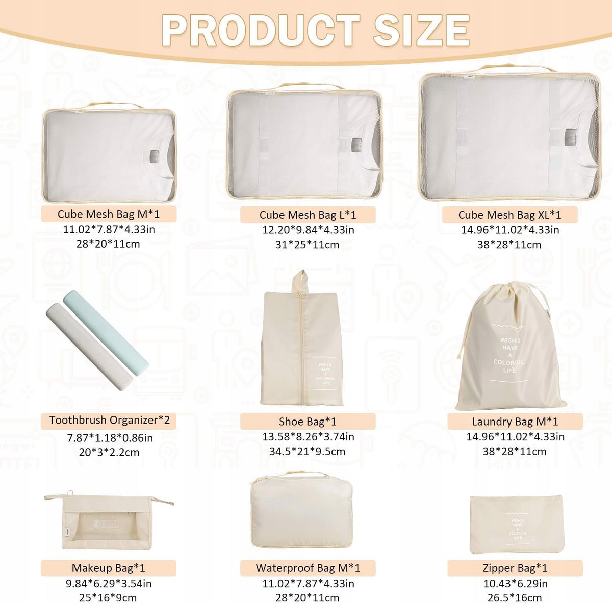 Travel Organizer for Clothes Case 10pcs Covers Color beige