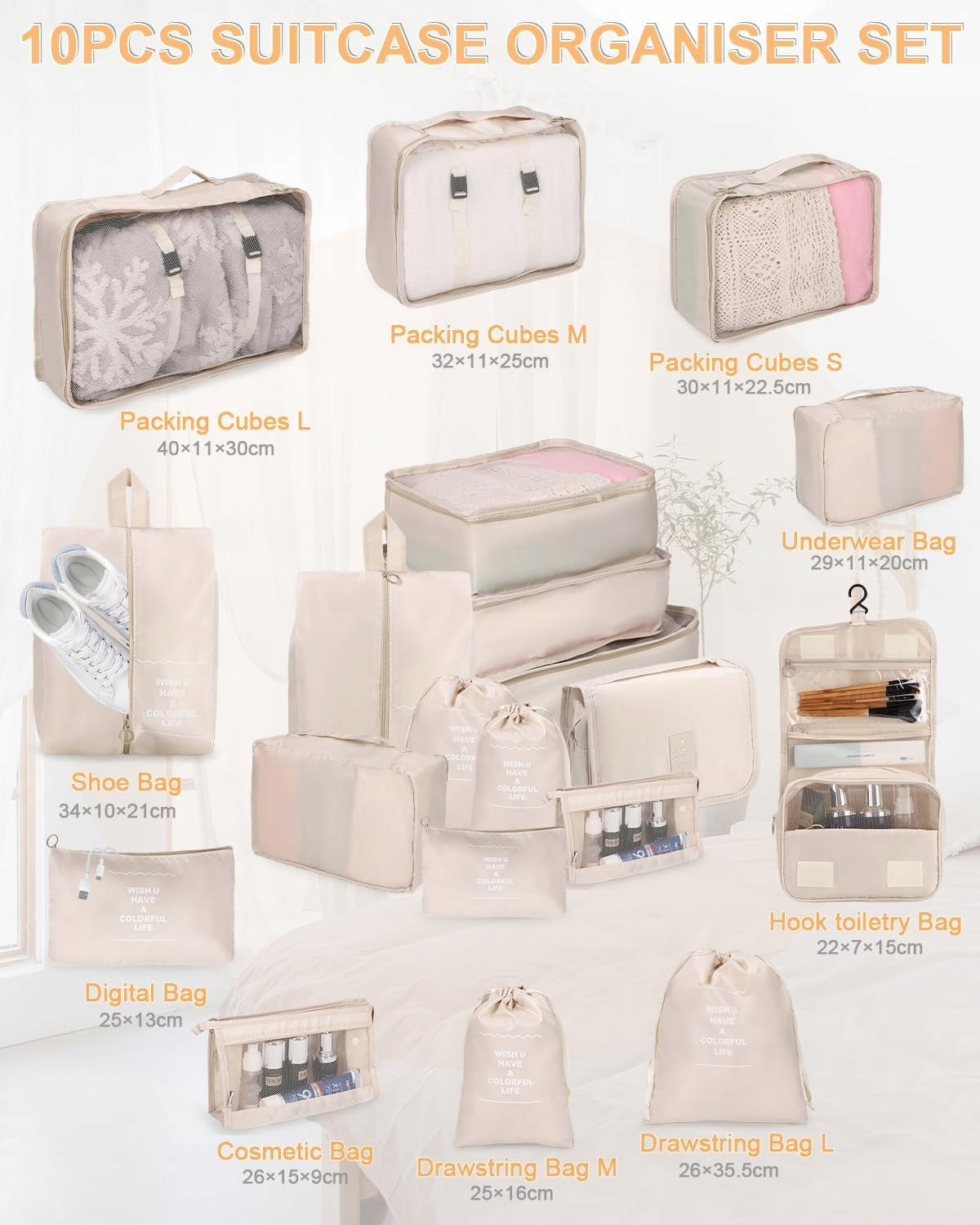 Travel Organizers for Suitcase 10 Elements Mesh Waterproof Color beige
