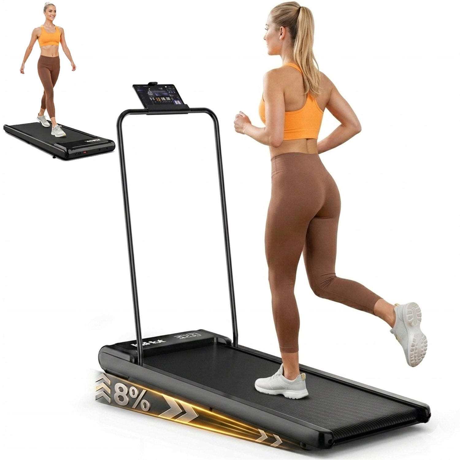 Treadmill 2–8 km/h Detachable Handlebar Walking Pad with 8% Incline, Remote