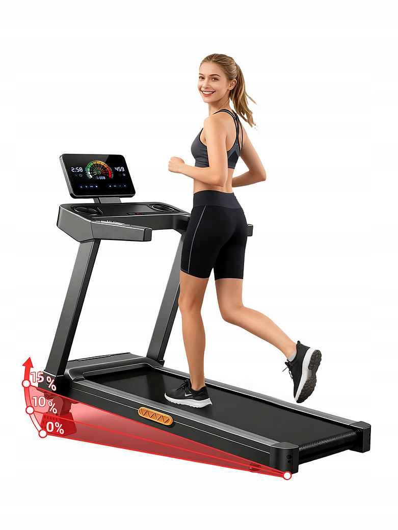 Treadmill with 15% inclination, triple cushioning