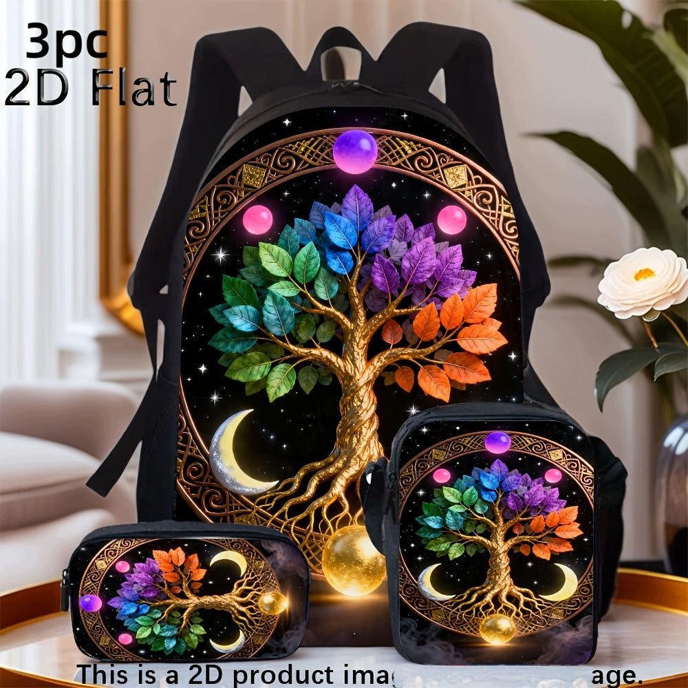 Tree of Life Moon Print 3-Piece Backpack Set: Small Bag & Pencil Case