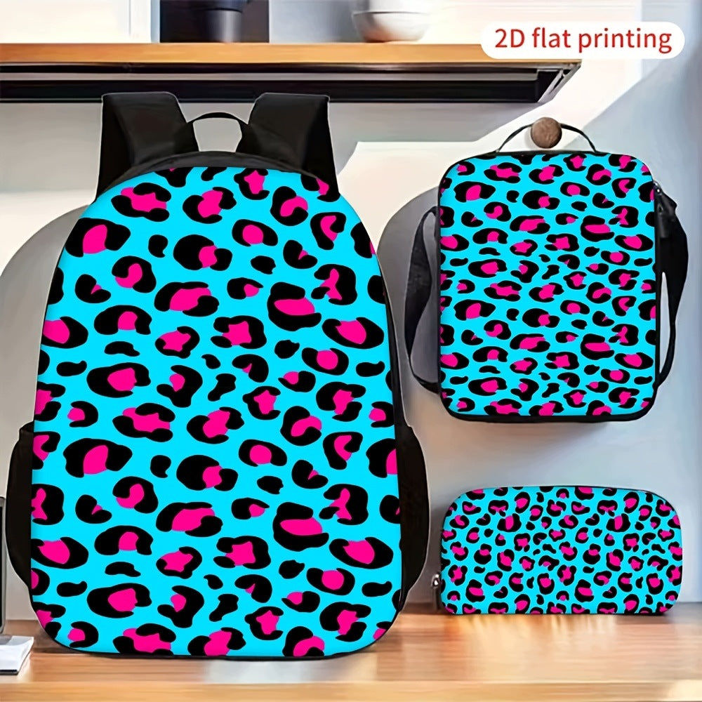 Trendy Blue Pink Leopard Print Backpack Set with Crossbody Bag