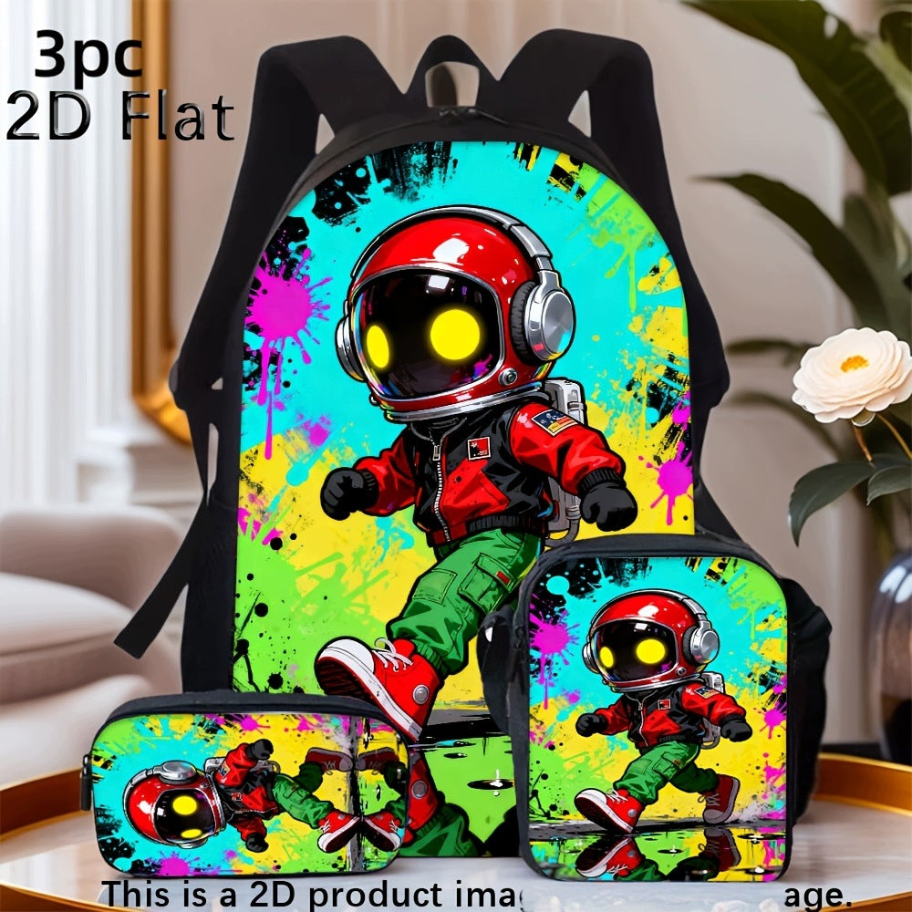 Trendy Colorful Graffiti Astronaut 3-Piece Backpack Set with Pouch and Pencil Case