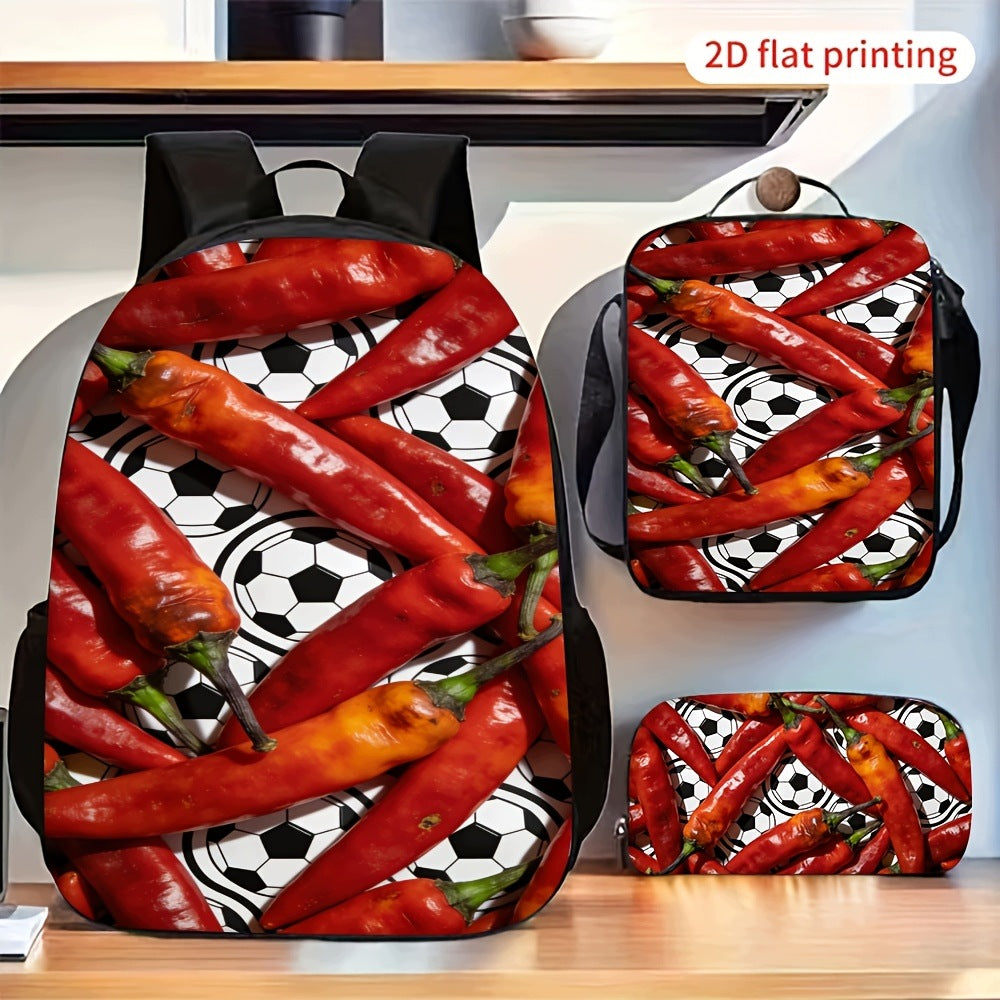 Trendy Soccer Pattern 3-Piece Backpack Set with Shoulder Bag and Pencil Case