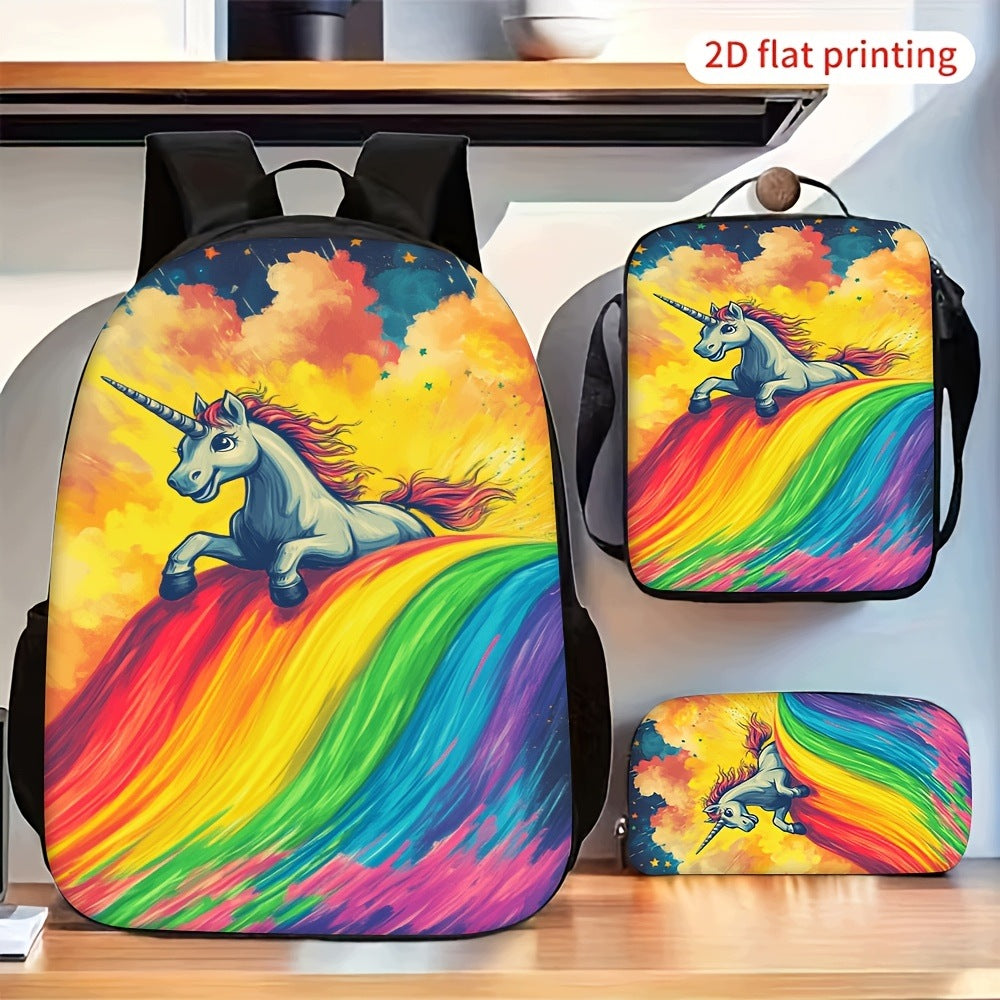 Trendy Unicorn Rainbow Backpack Set with Lunch Bag & Pencil Case