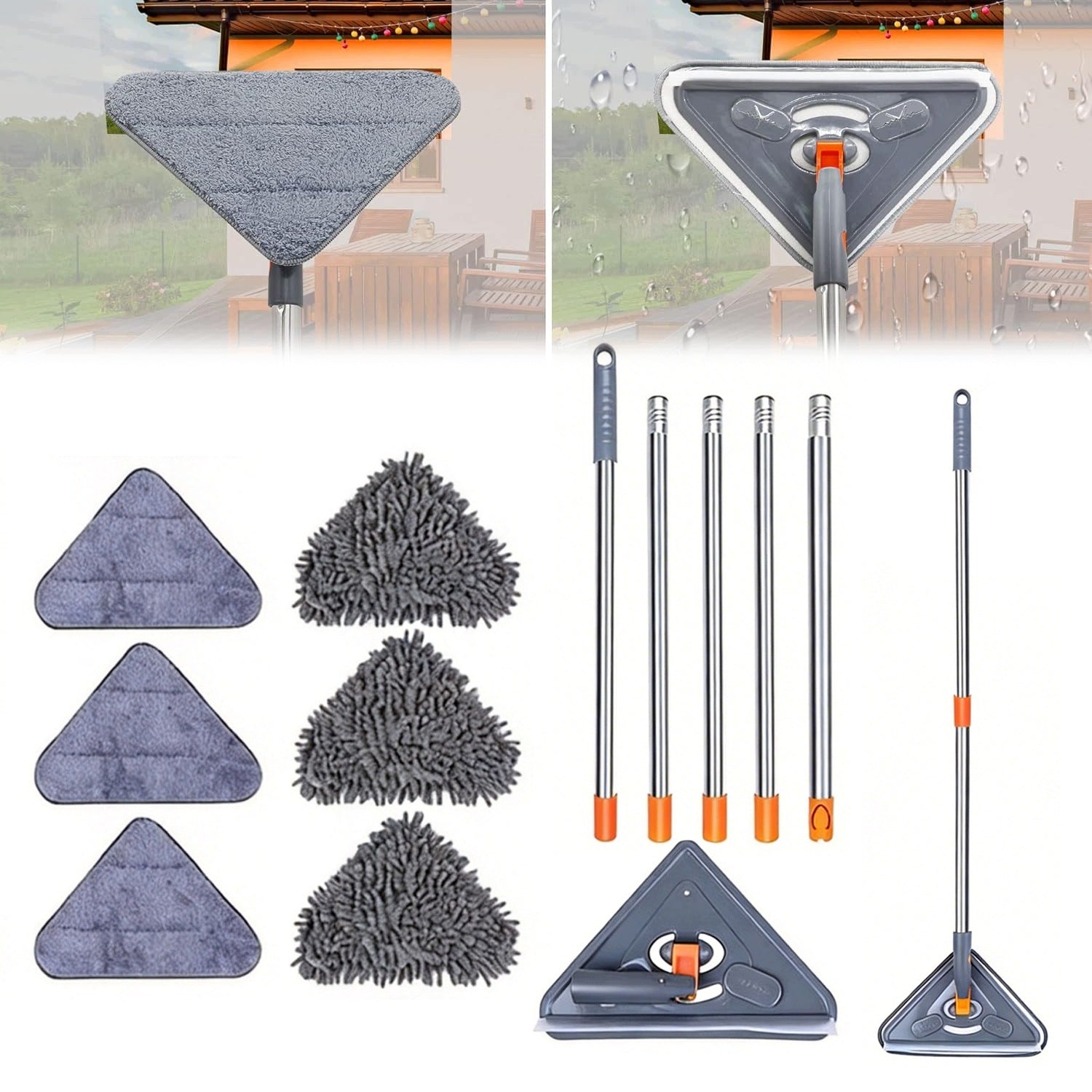 Triangular mop for cleaning ceilings, floors and windows