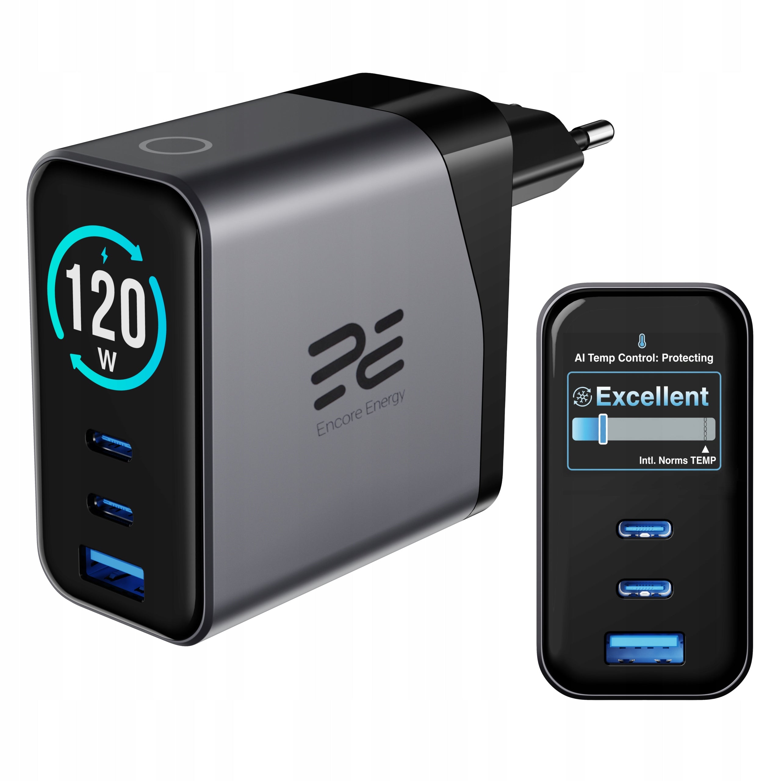 Triple USB Charger 120W Fast QC PD GaN With Encore Energy Display
