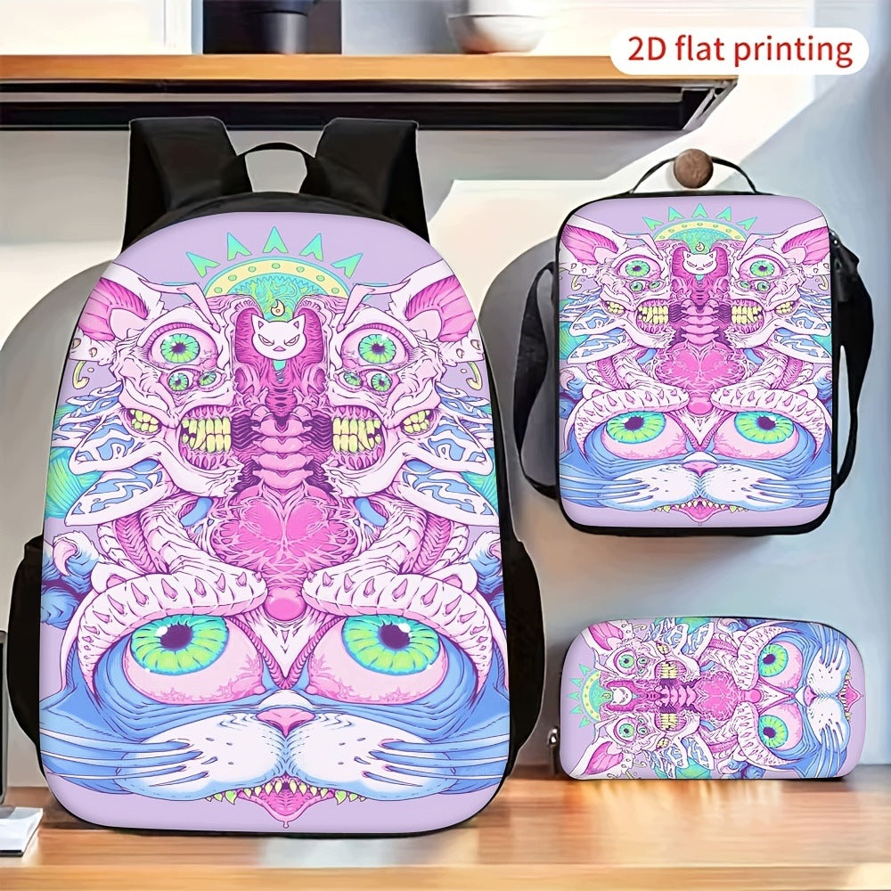Trippy Psychedelic Abstract Cat Skull Backpack Set Crossbody Bag Pencil Pouch