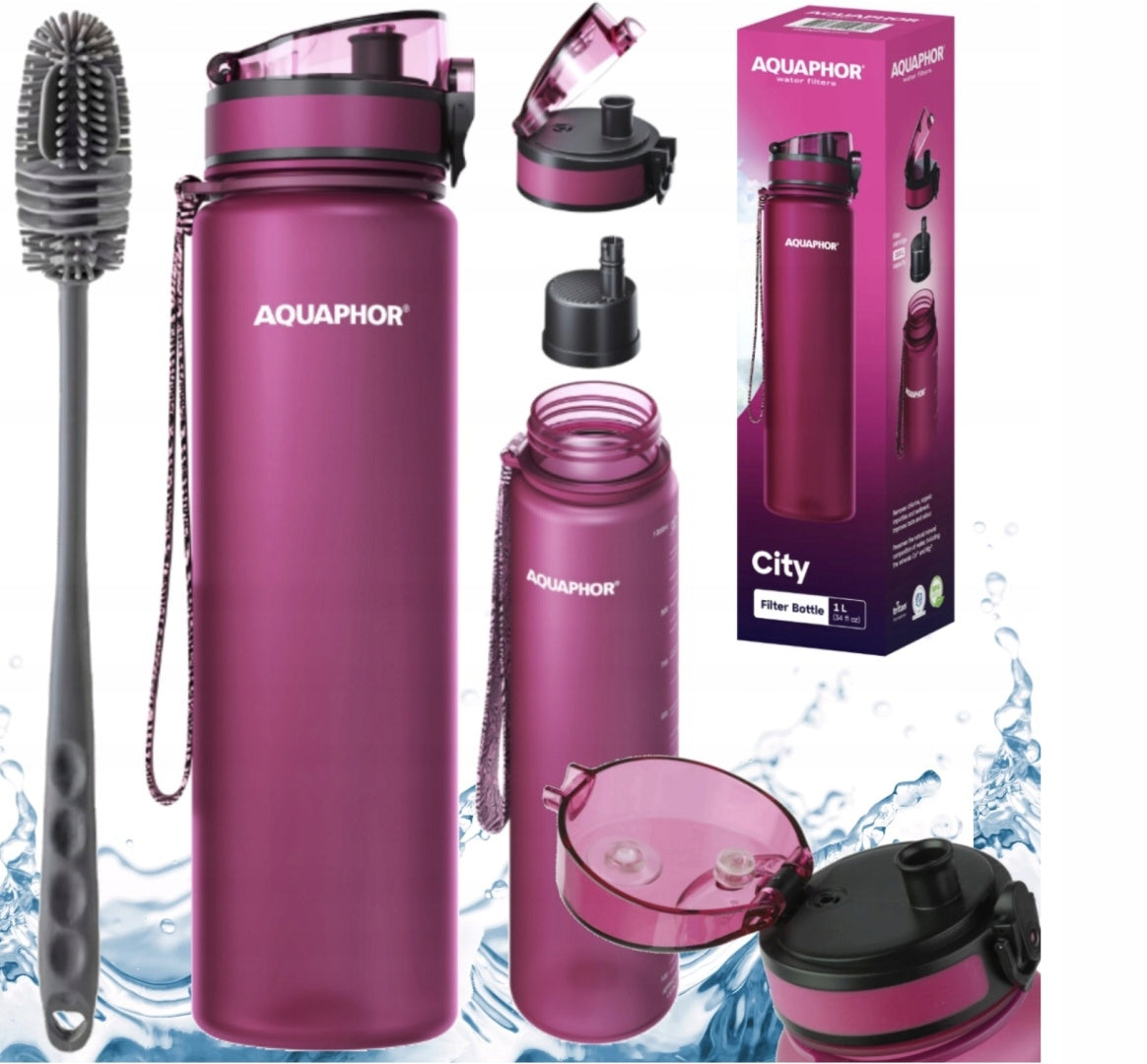 Tritan Filter Bottle Aquaphor City 1L Burgundy + 1 Filter + BRUSH