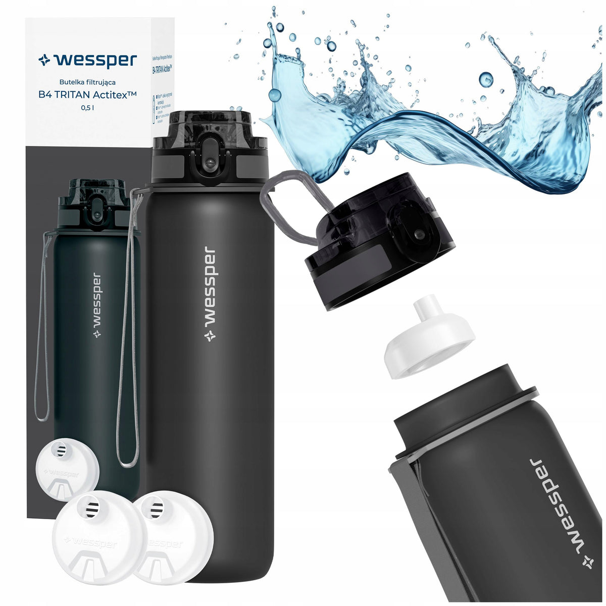 Tritan water bottle filter bottle Wessper B4 0,5L + 2x filter