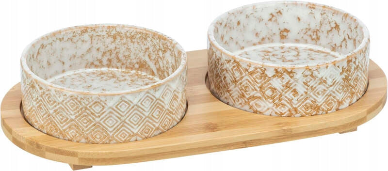 Trixie Dog Bowl Set Ceramic/Bamboo White/Light Brown 2x0.3l/12cm