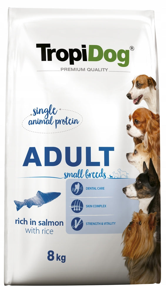 TropiDog Premium Adult S Salmon Rice 8kg + FREEBIE