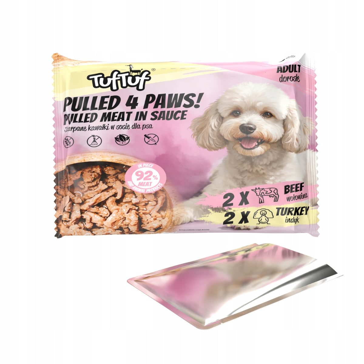 TufTuf Ripped Pieces Wet Dog Food 2x Beef 2x Turkey 4x100g Packaging status original