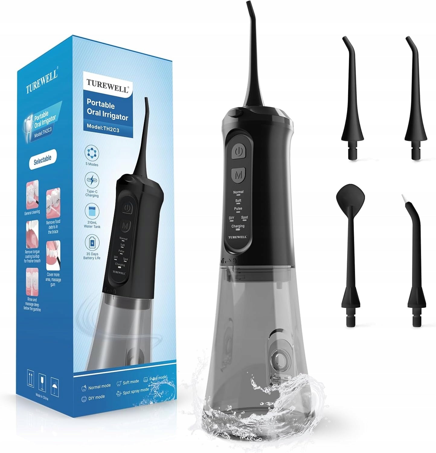 Turewell Tooth Irrigator 310ml Portable 5 Modes 4 Nozzles IPX7 USB
