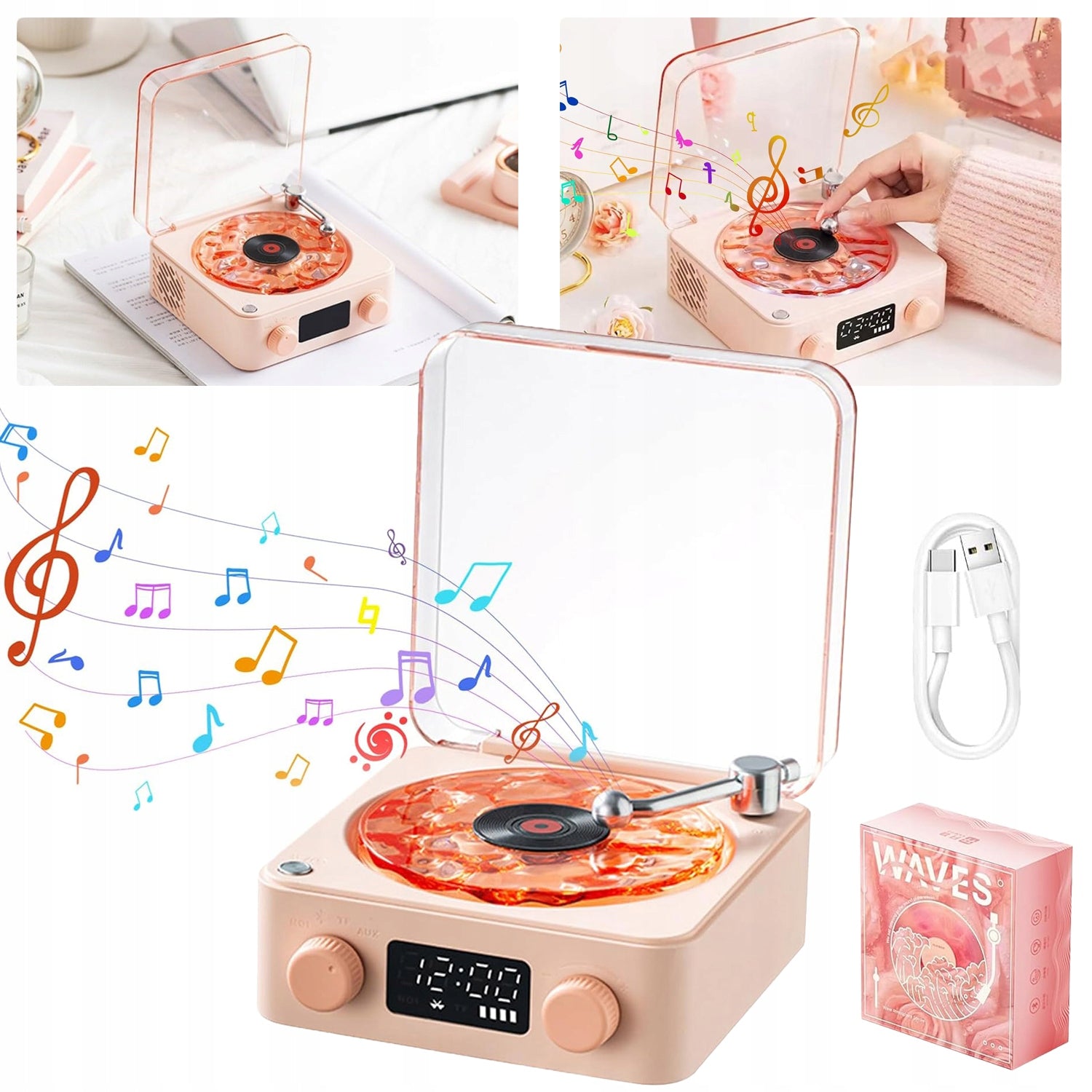 Turntable with Bluetooth, retro style, stereo speakers, with night light. Model other