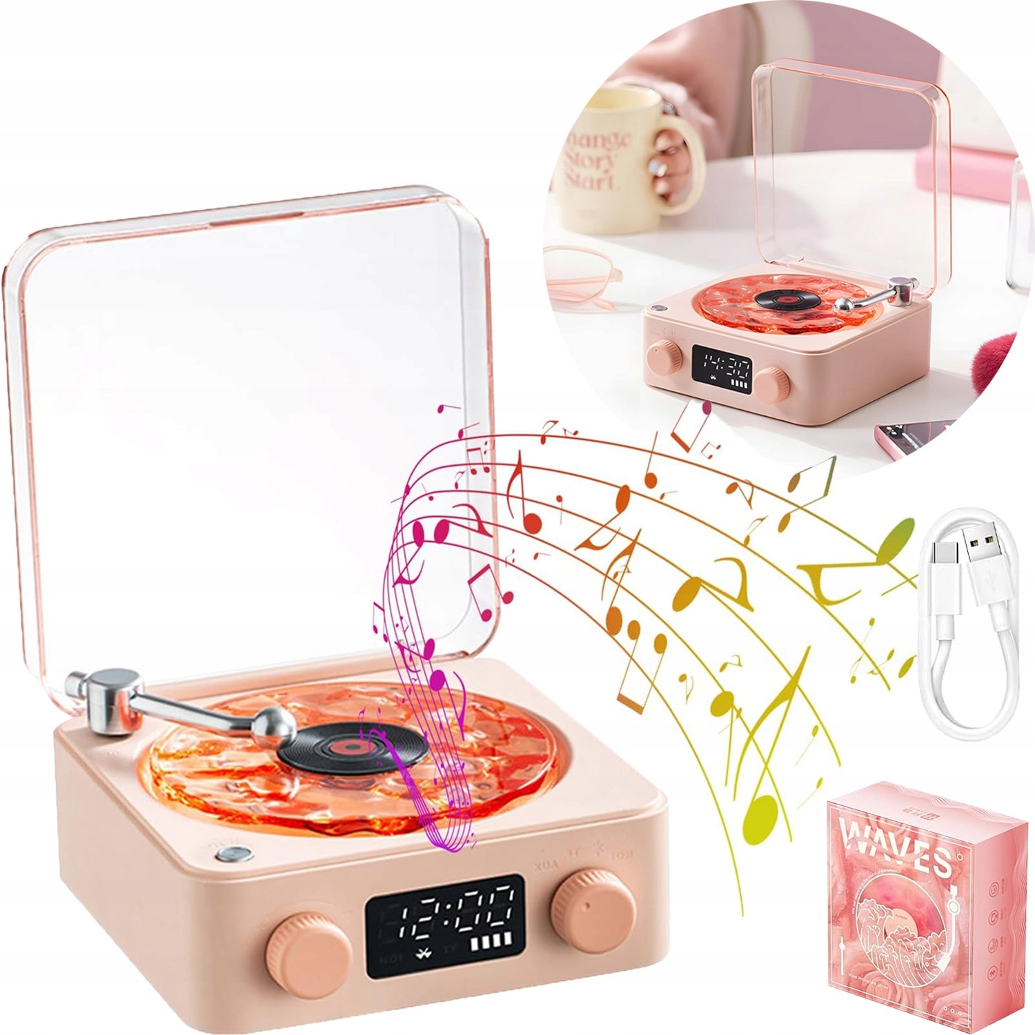 Turntable with Bluetooth, retro style, stereo speakers, with night light.