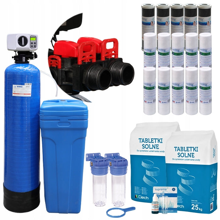 Two-element water softener - 45L, salt, tester, BY-PASS, PL menu, MIXING.