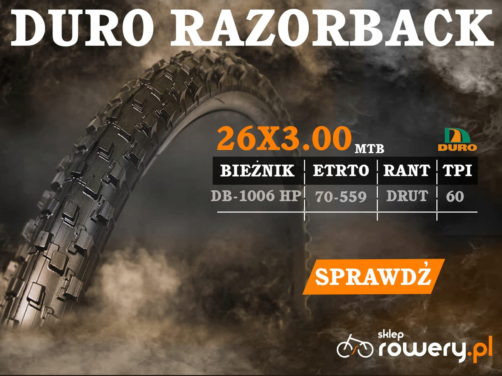 Tyre DURO 26x3.00 DB1006HP RAZORBACK Skinwall Apex WIRE Wheel size (") 26