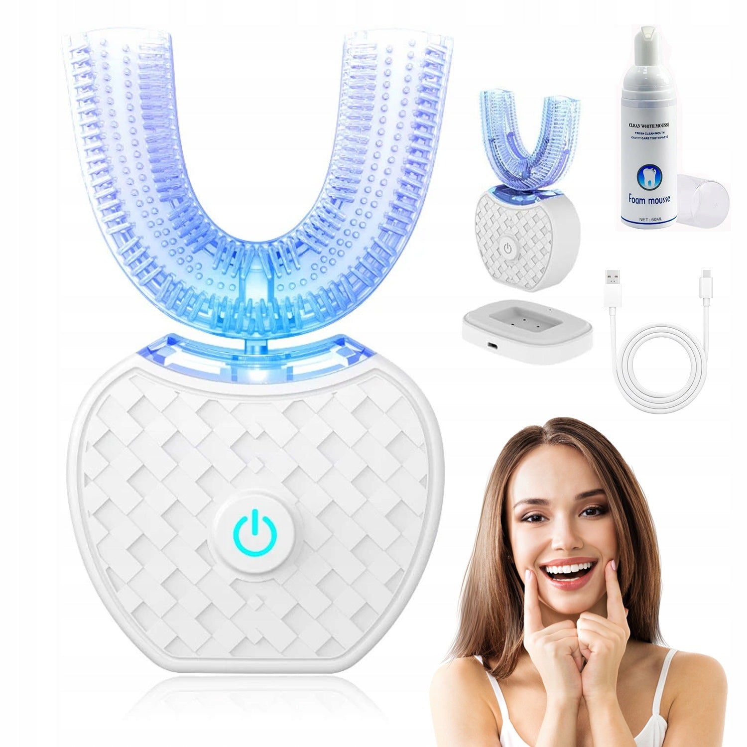 U-SHAPED ELECTRIC TOOTHBRUSHES 360° FOR TEETH WHITENING WHITE
