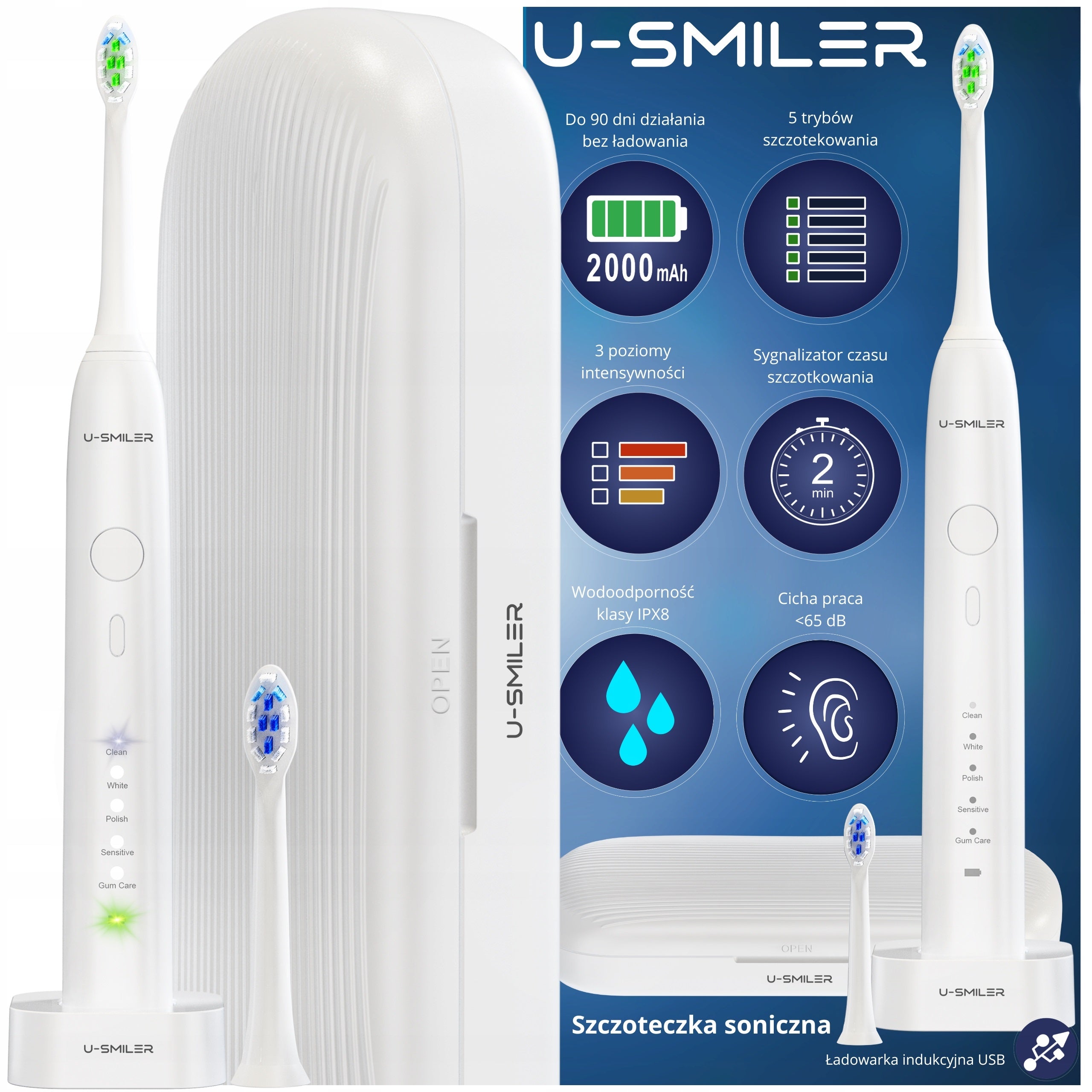 U-SMILER IPX8 Electric Sonic Toothbrush Case 2 Tips Pro