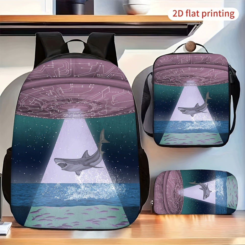 UFO Abduct Shark Themed Backpack Set with Crossbody Pencil Case