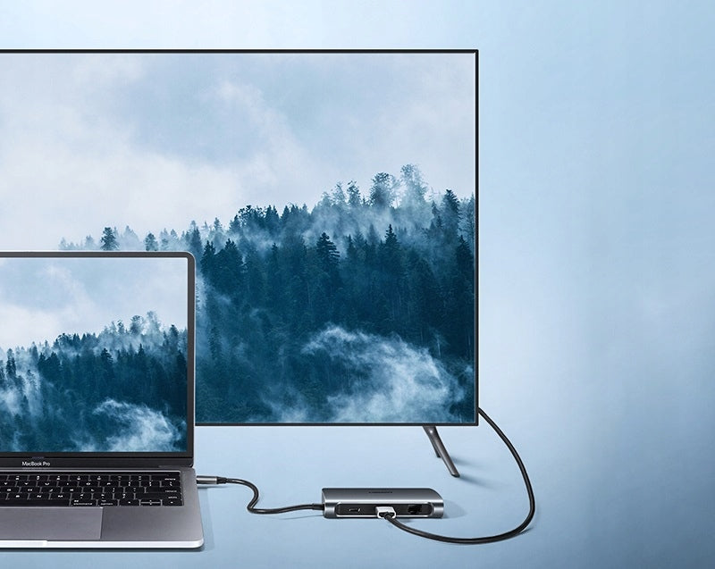 Ugreen CM212 šakotuvas USB-C į HDMI 4K, 3x USB 3.0, Typ-C, RJ45