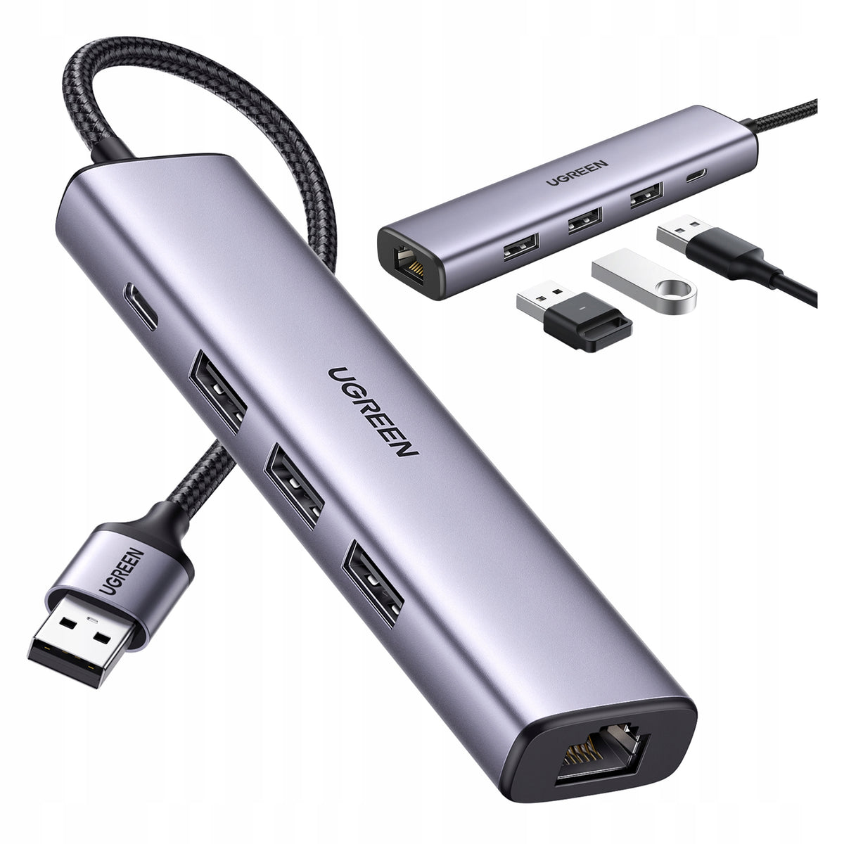 UGREEN Adapter Hub USB Splitter For 3x USB-A 3.0 RJ45 LAN 5 Gbps USB-C 2A