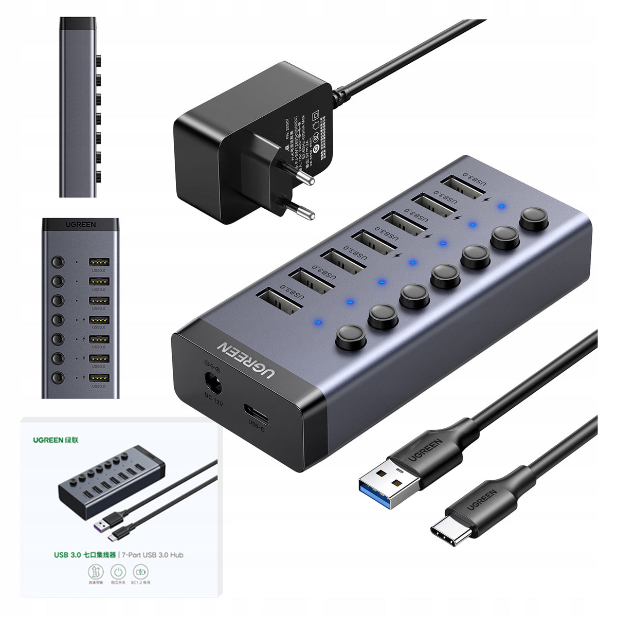 UGREEN Adapter Splitter Hub Station 7in1 USB 3.0 Strip + USB-C Cable 1m