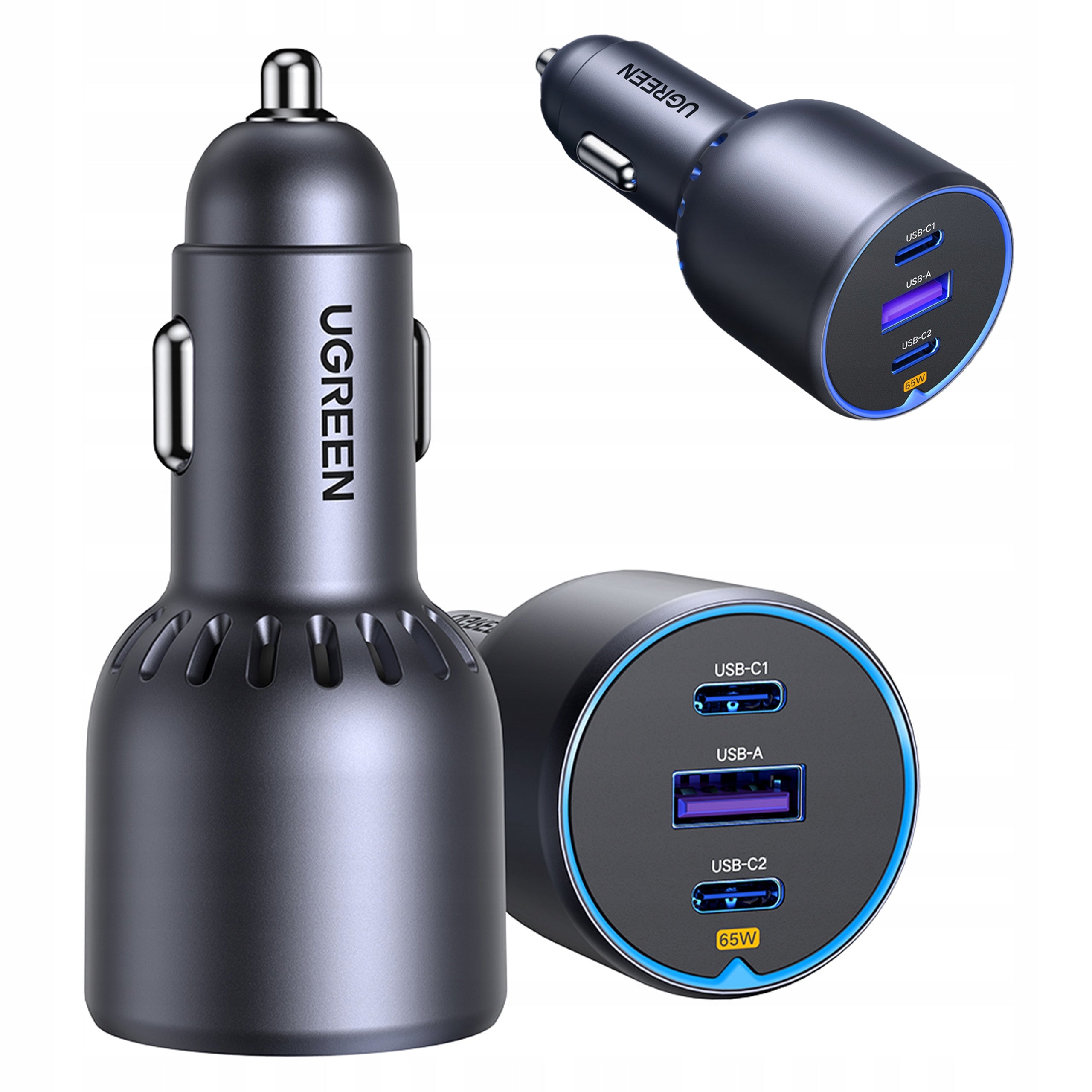 UGREEN Car Charger For USB Lighter Socket + 2X USB-C 75W