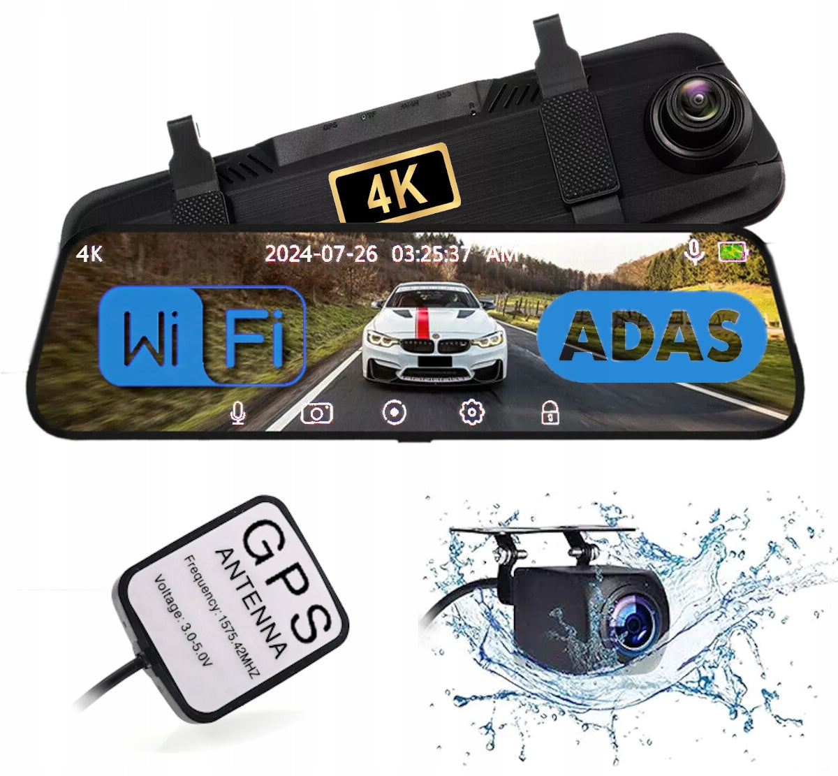 UHD 4K Driving Video Recorder +FullHD Reversing Camera GPS Mirror WiFi ADAS