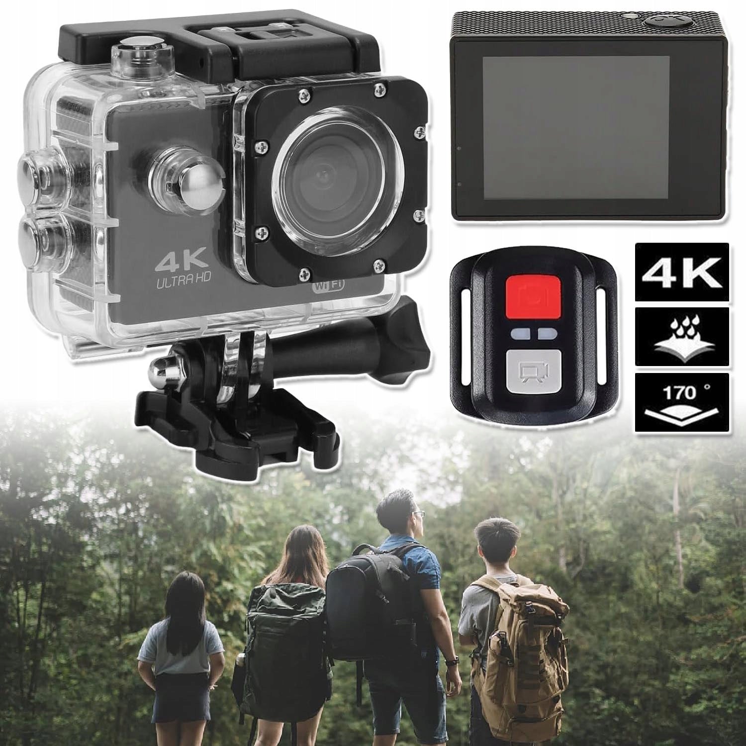 ULTRA HD SPORTS CAMERA WITH 170 DEGREE WIDE VIEWING ANGLE, FOR SWIMMING