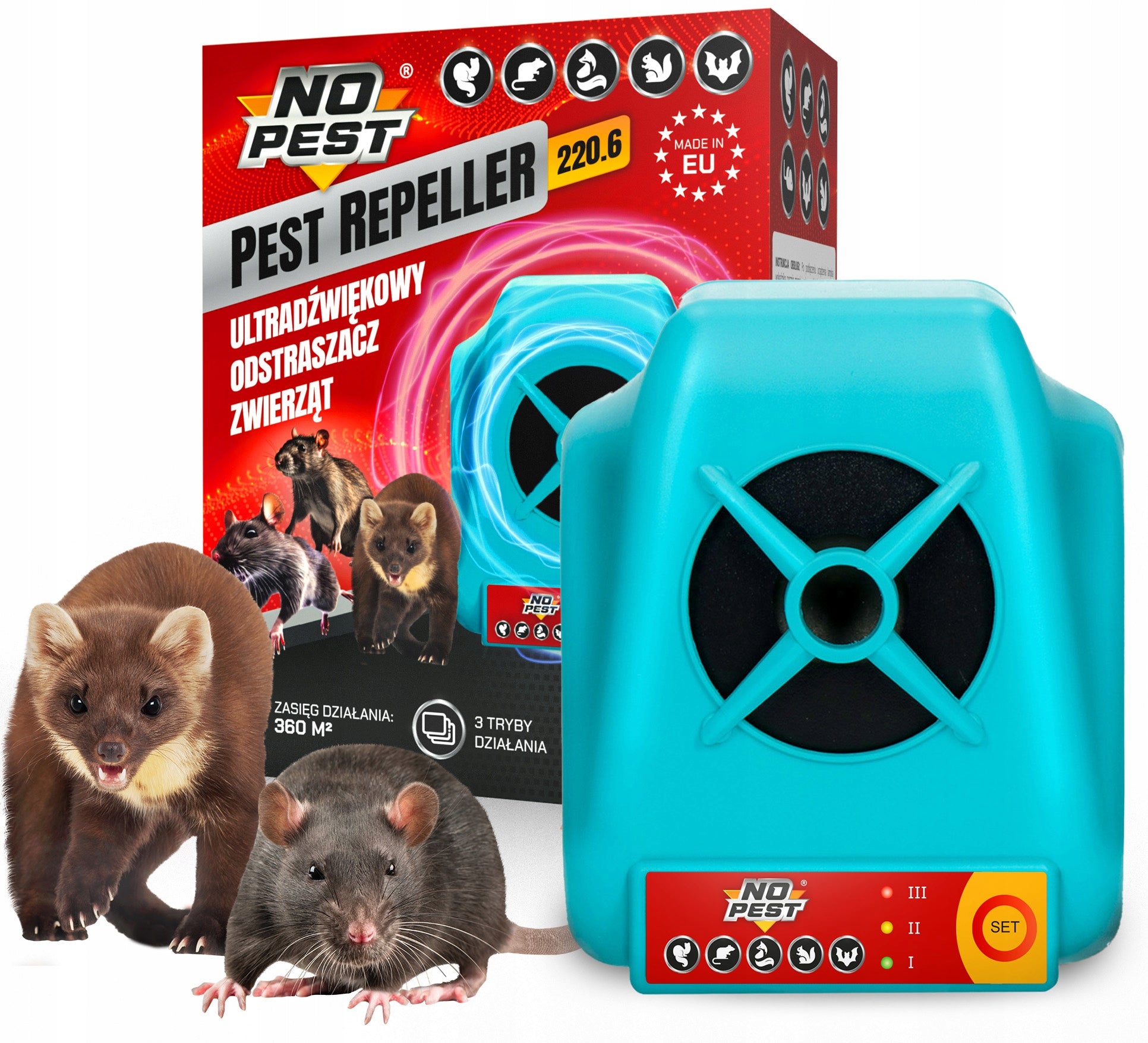 ULTRASONIC DETERRENT FOR MARTENS MICE RATS WEASELS NO PEST 220.6 360M2