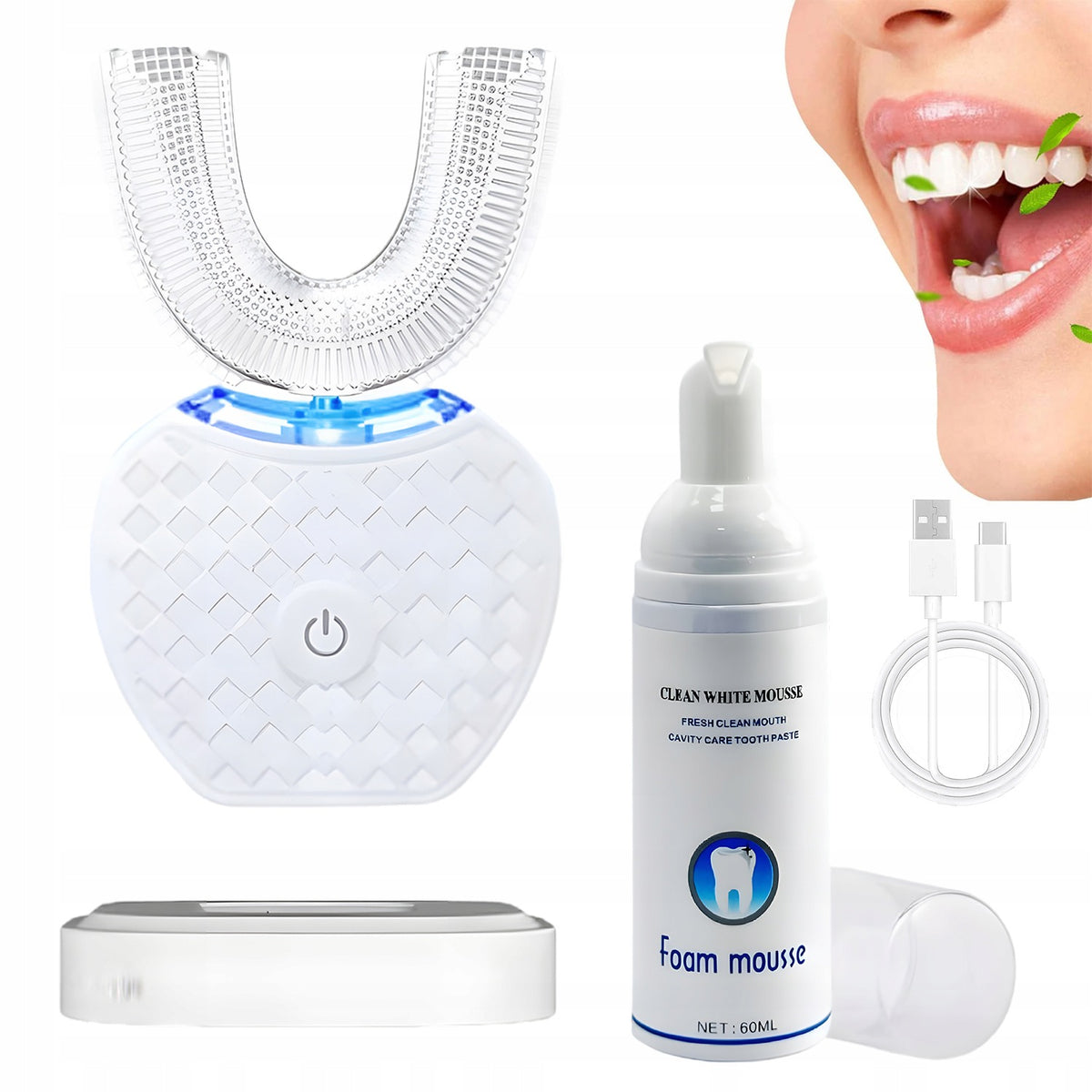ULTRASONIC TOOTHBRUSH 360° SONIC TOOTHBRUSH U-SHAPE LED SILICONE
