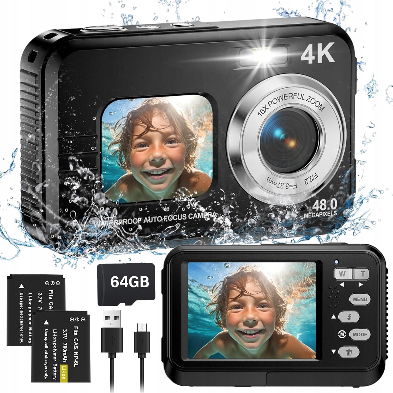 UNDERWATER CAMERA 4K 48MP 64GB WATERPROOF CAMERA FOR SNORKELING SWIMMING
